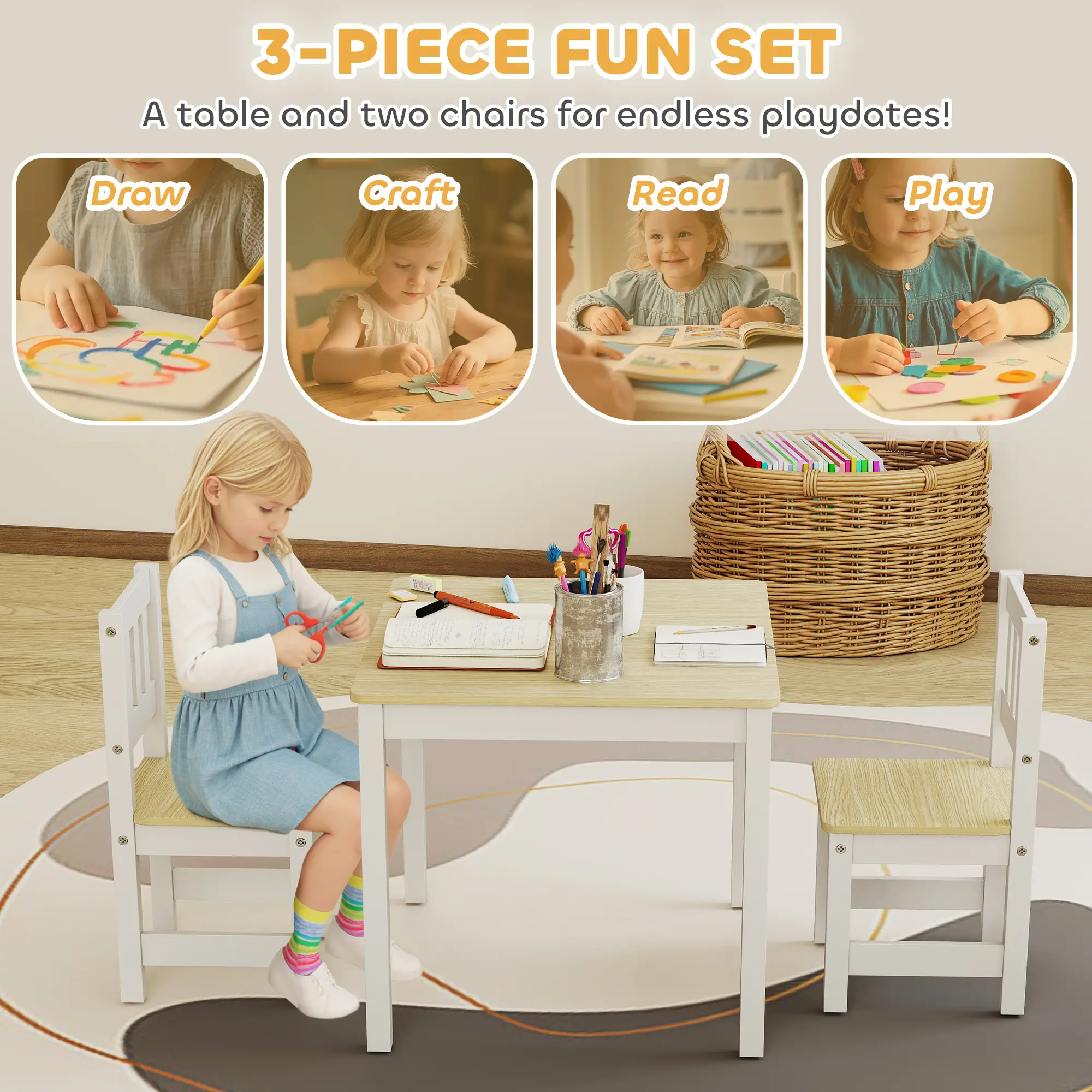 Kids Table And Chairs Set, Toddler Table And 2 Chair Set, Natural - Image 5