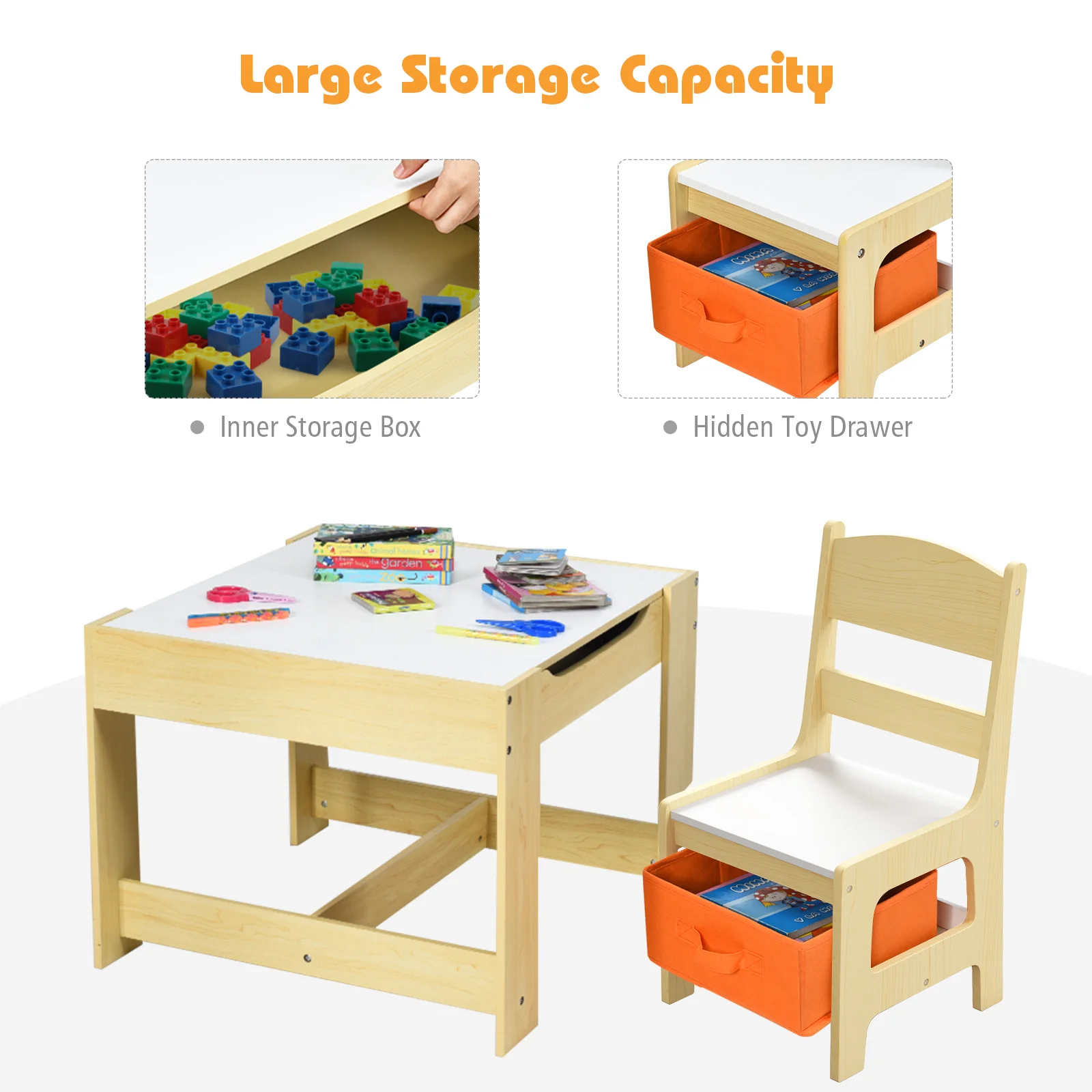 Kids Table Chairs Set, Storage Boxes, Blackboard Whiteboard, Natural - Image 10