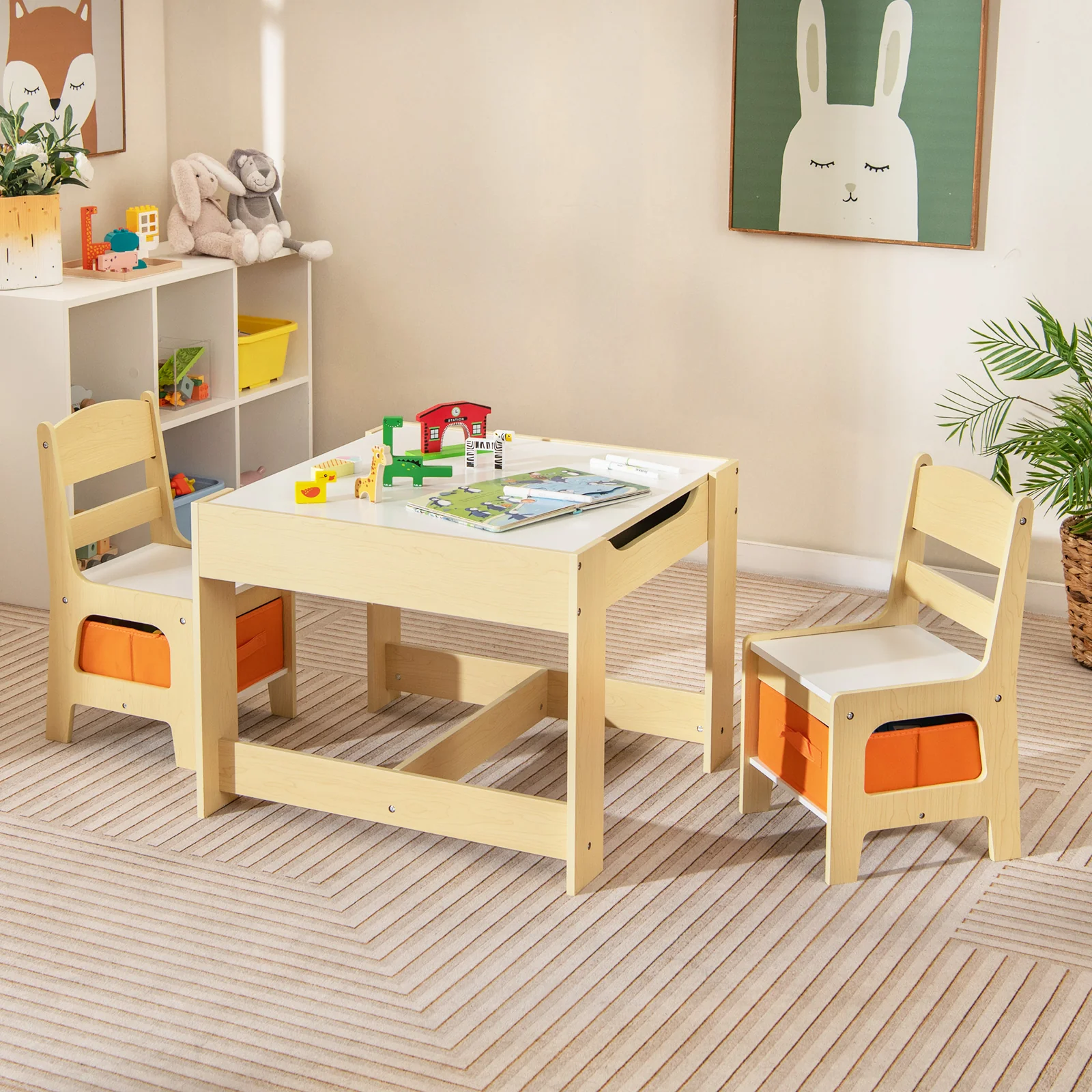 Kids Table Chairs Set, Storage Boxes, Blackboard Whiteboard, Natural - Image 2