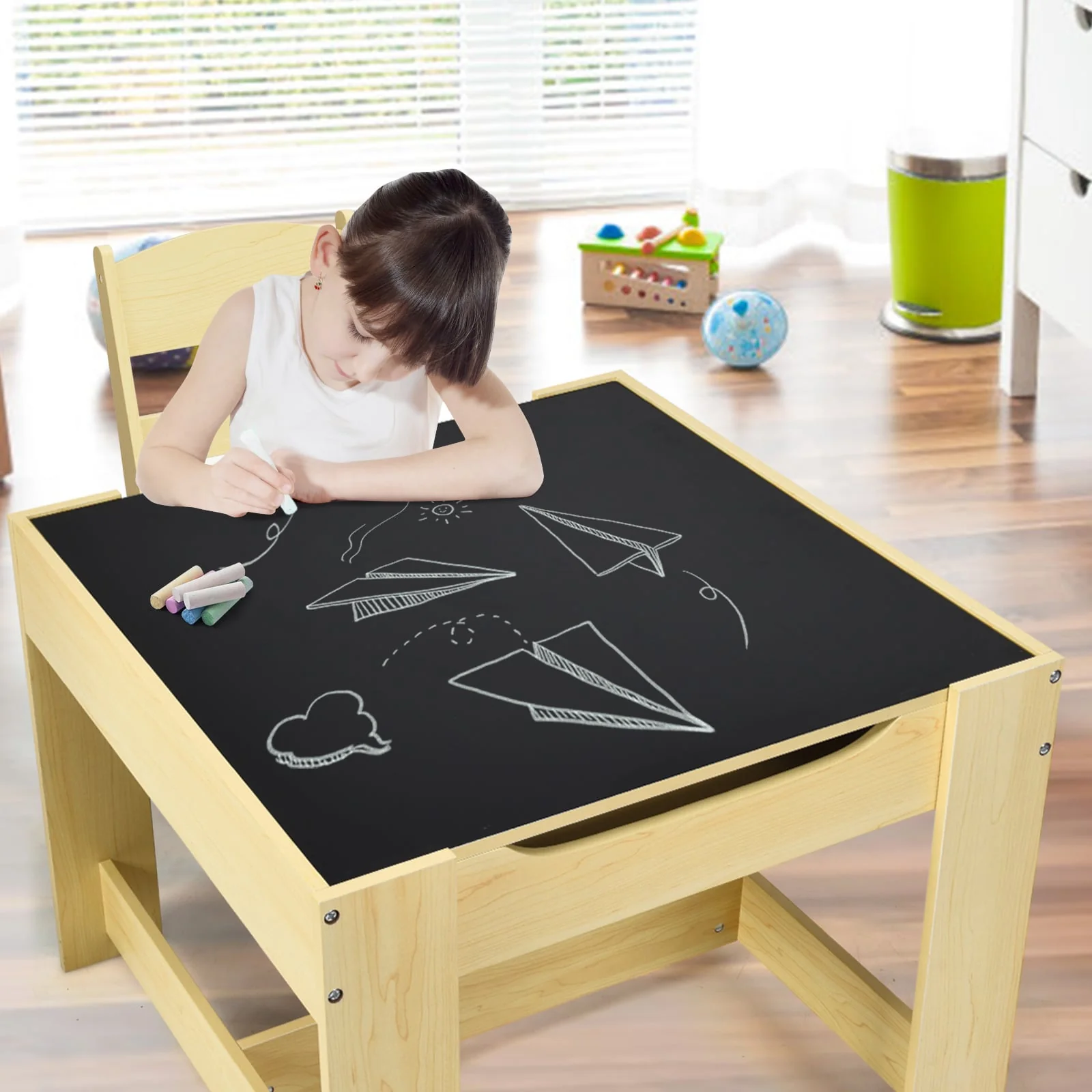 Kids Table Chairs Set, Storage Boxes, Blackboard Whiteboard, Natural - Image 3