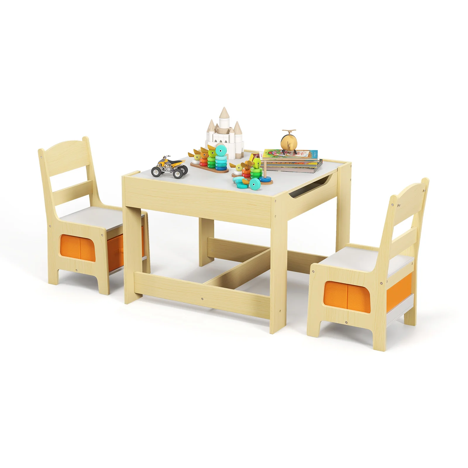 Kids Table Chairs Set, Storage Boxes, Blackboard Whiteboard, Natural - Image 4