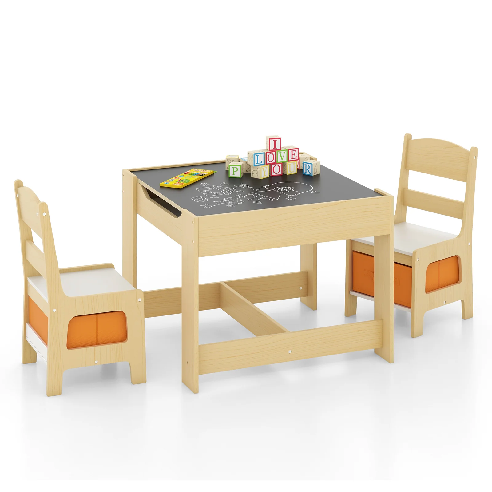 Kids Table Chairs Set, Storage Boxes, Blackboard Whiteboard, Natural - Image 5