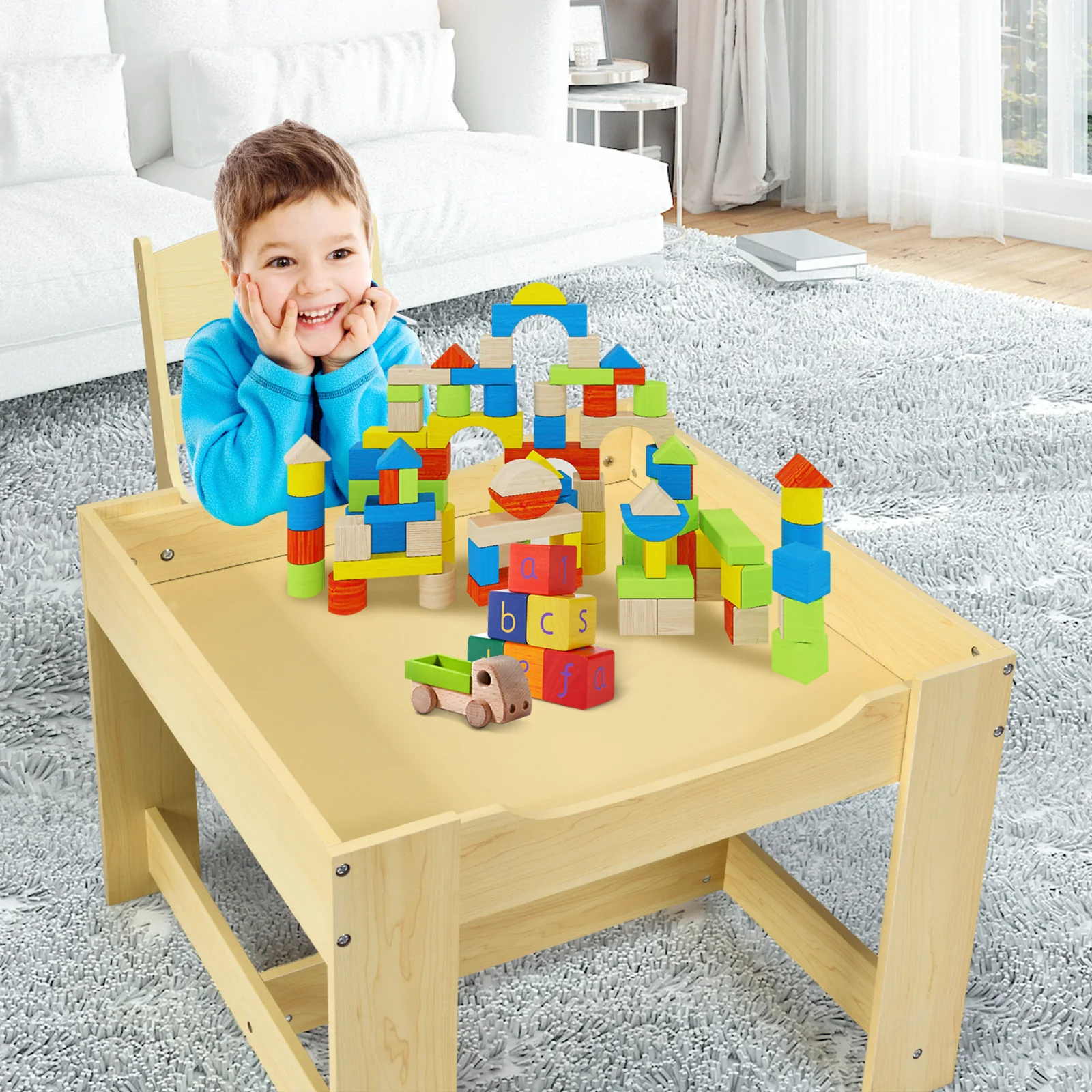 Kids Table Chairs Set, Storage Boxes, Blackboard Whiteboard, Natural - Image 7