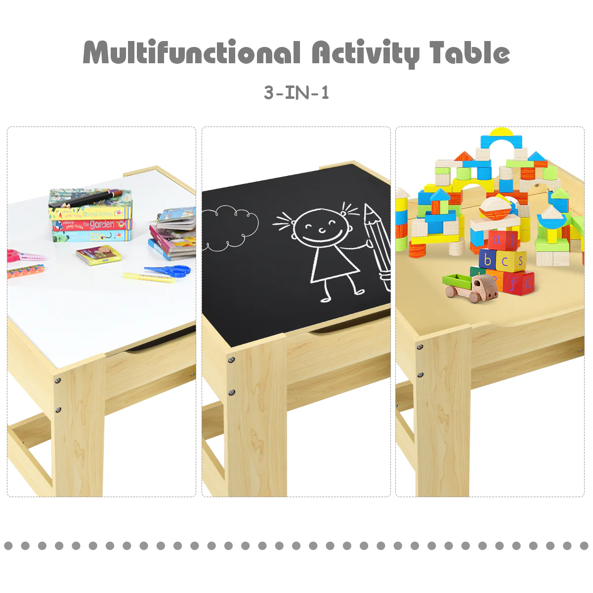 Kids Table Chairs Set, Storage Boxes, Blackboard Whiteboard, Natural - Image 8