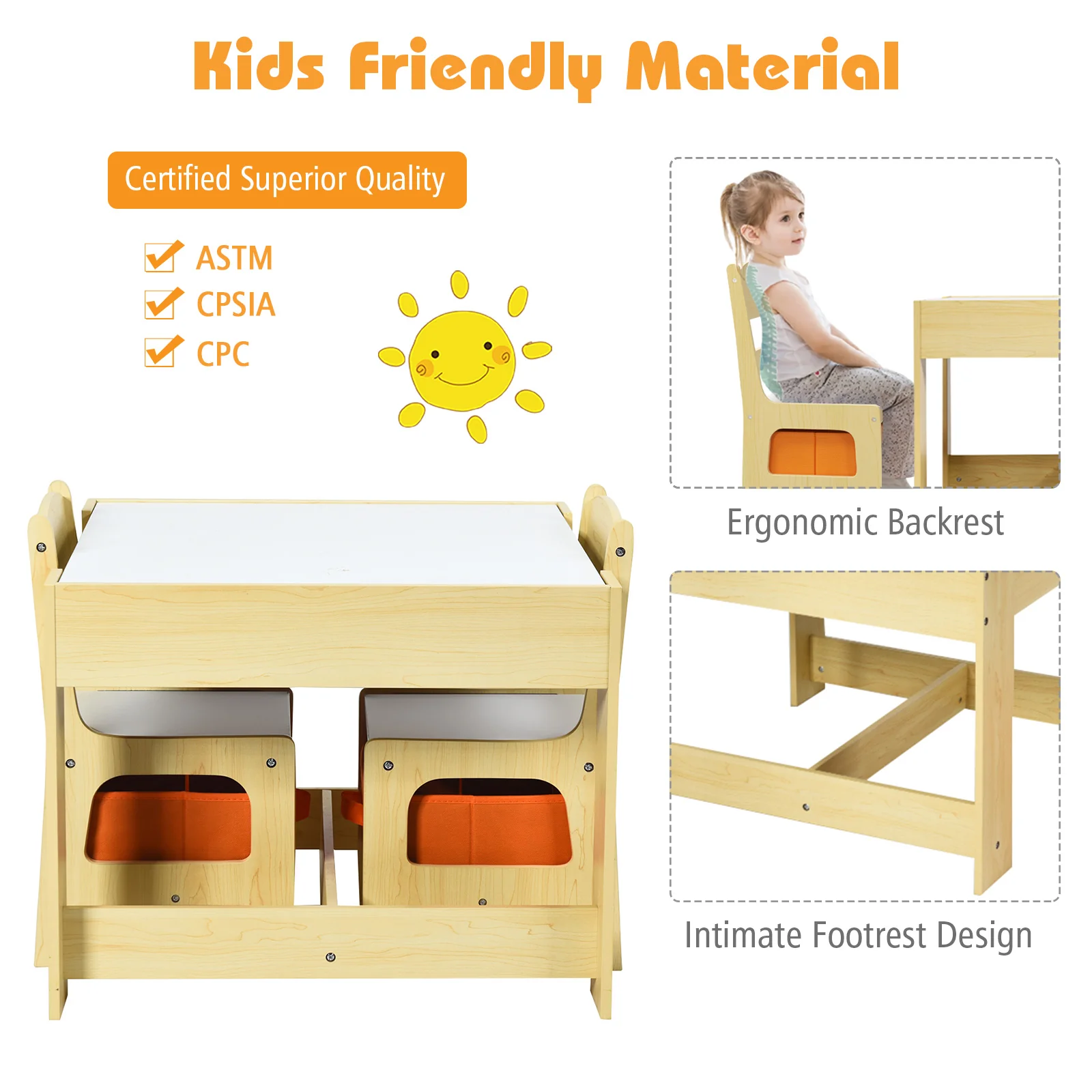 Kids Table Chairs Set, Storage Boxes, Blackboard Whiteboard, Natural - Image 9