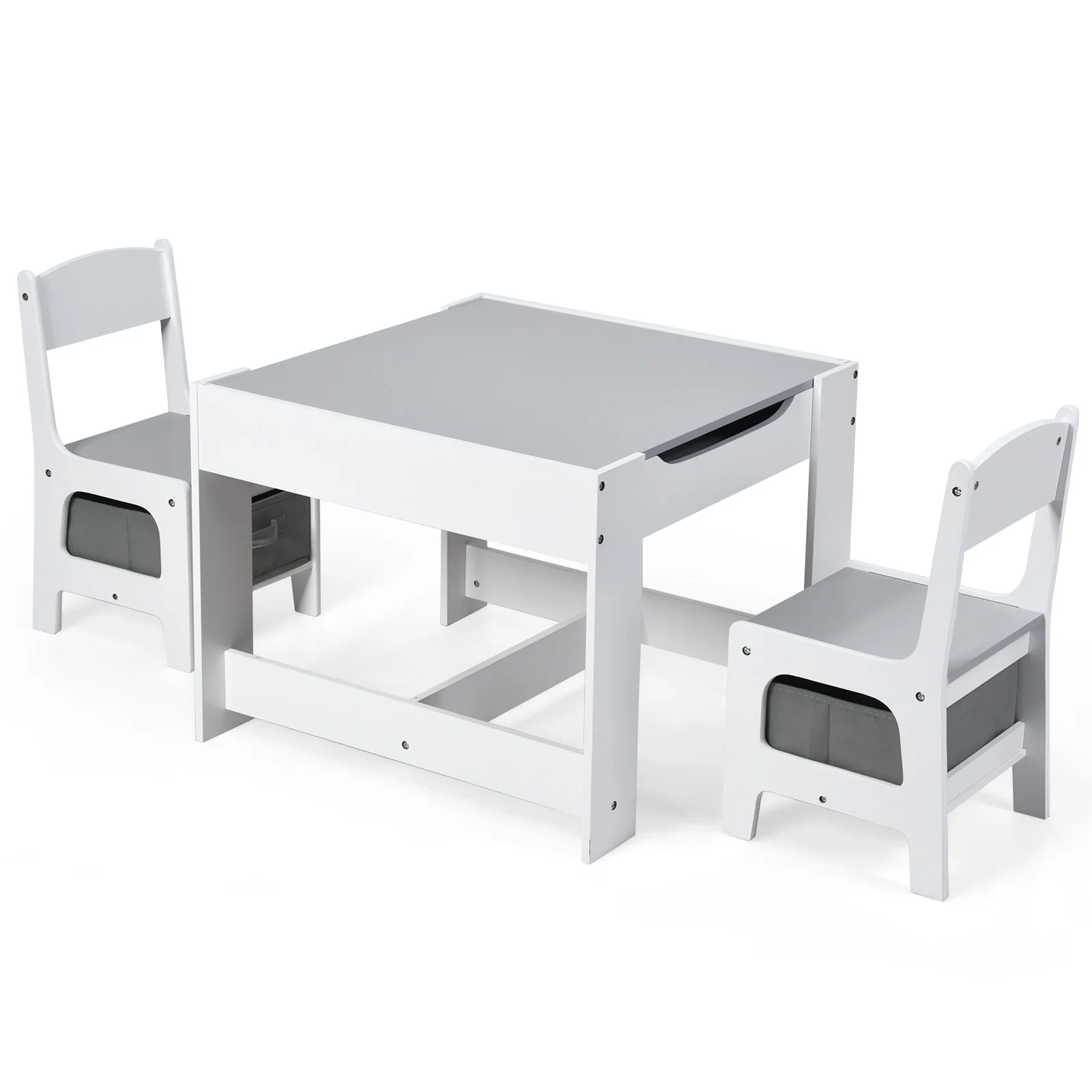 Kids Table Chairs Set With Storage, Blackboard Whiteboard, White
