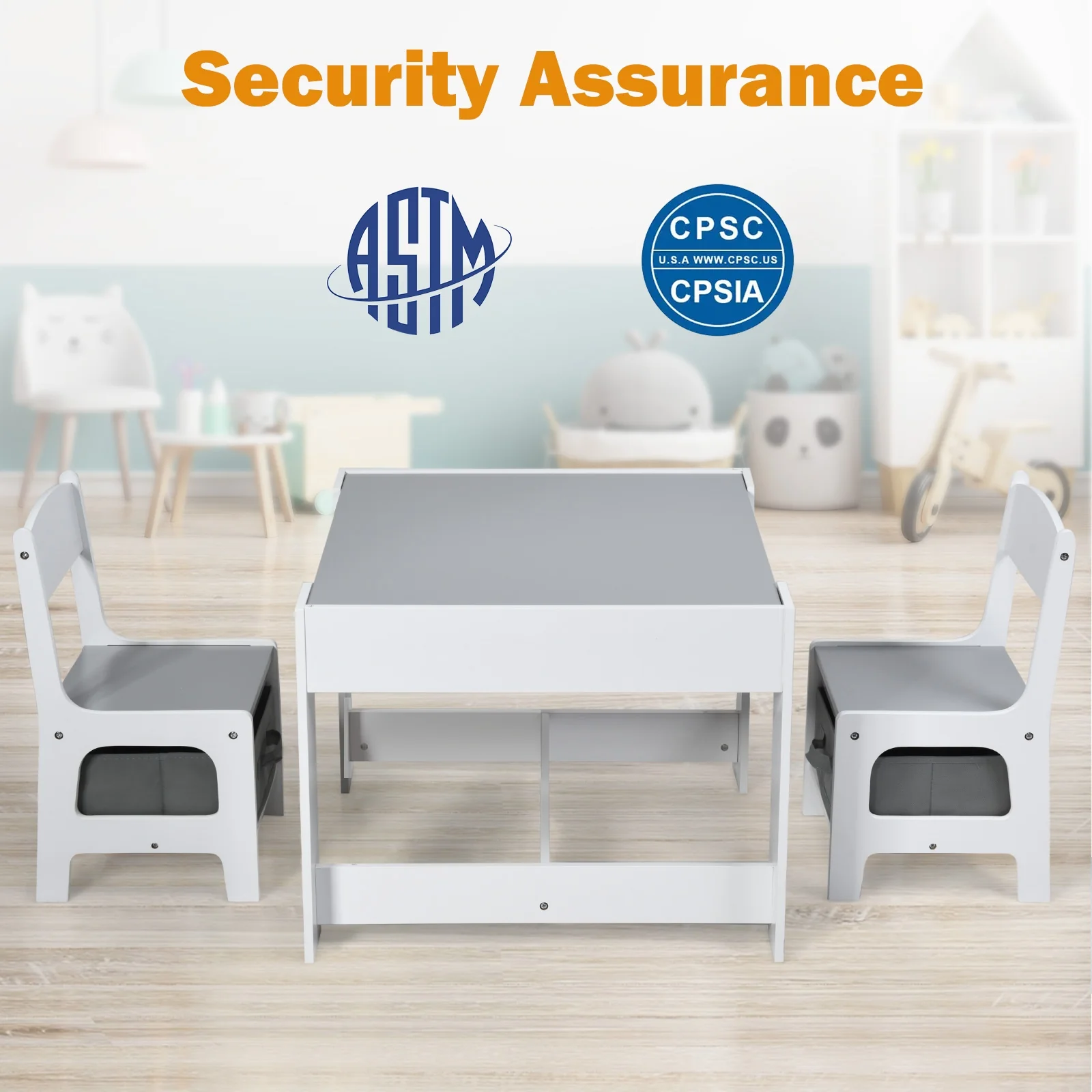 Kids Table Chairs Set With Storage, Blackboard Whiteboard, White - Image 10