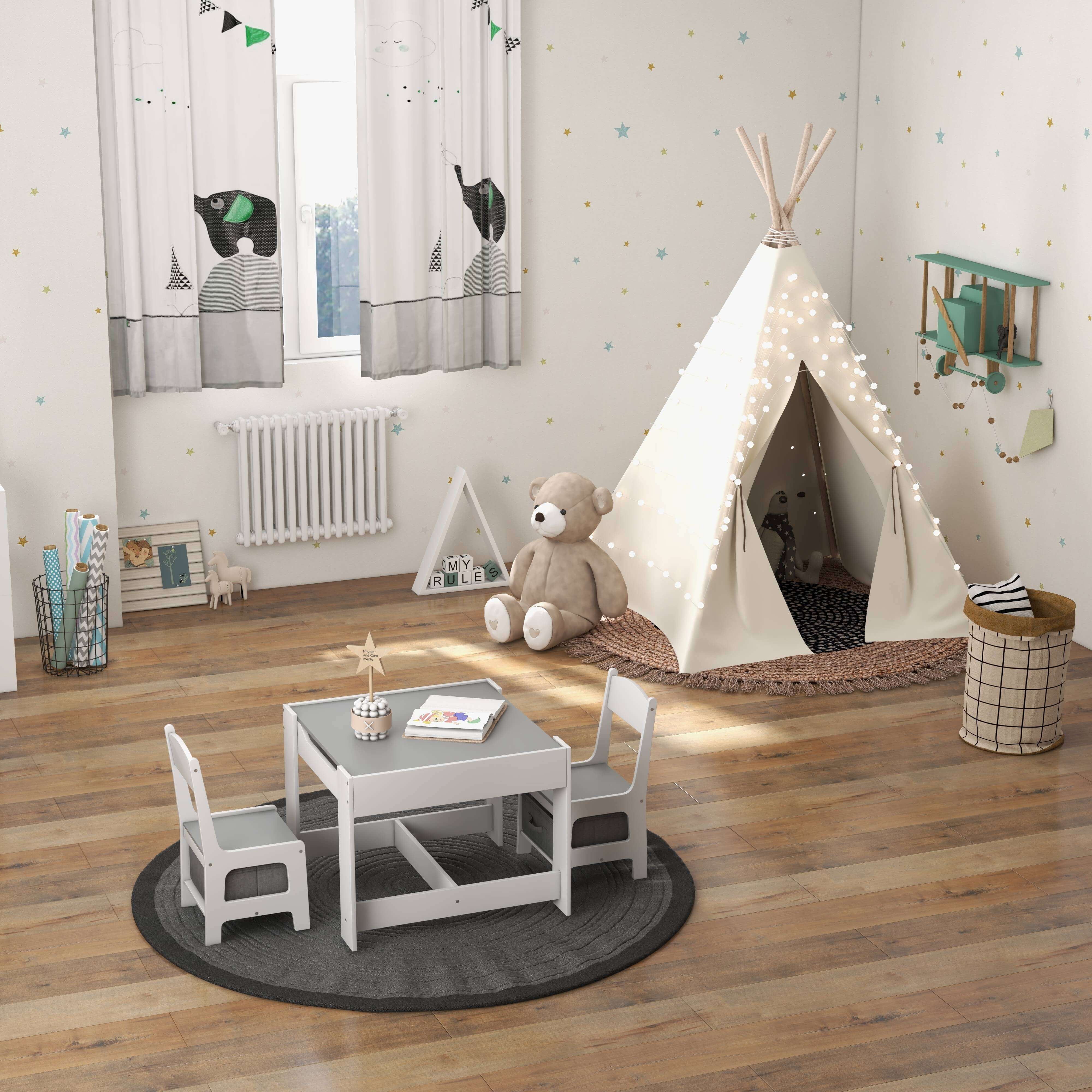 Kids Table Chairs Set With Storage, Blackboard Whiteboard, White - Image 2