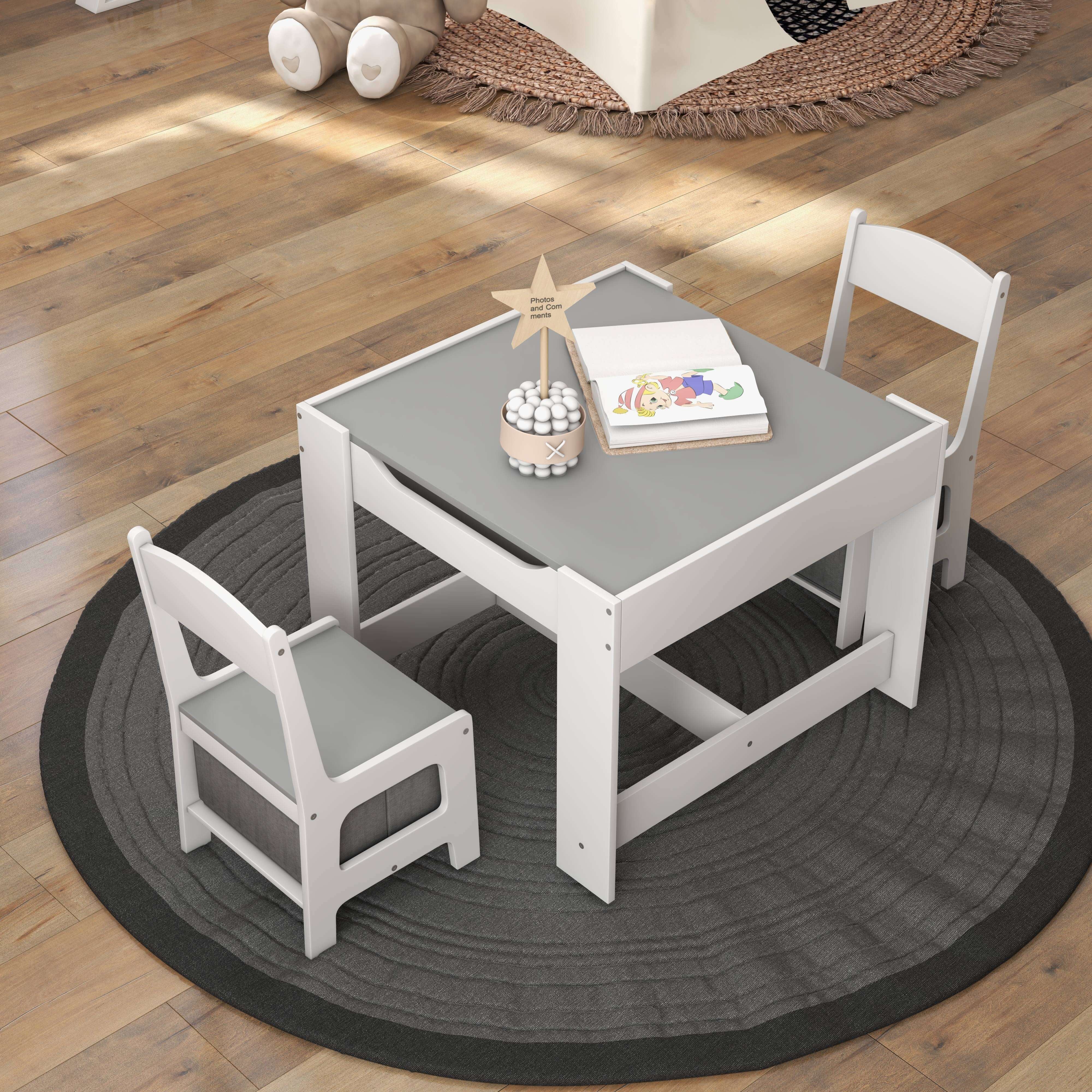 Kids Table Chairs Set With Storage, Blackboard Whiteboard, White - Image 3