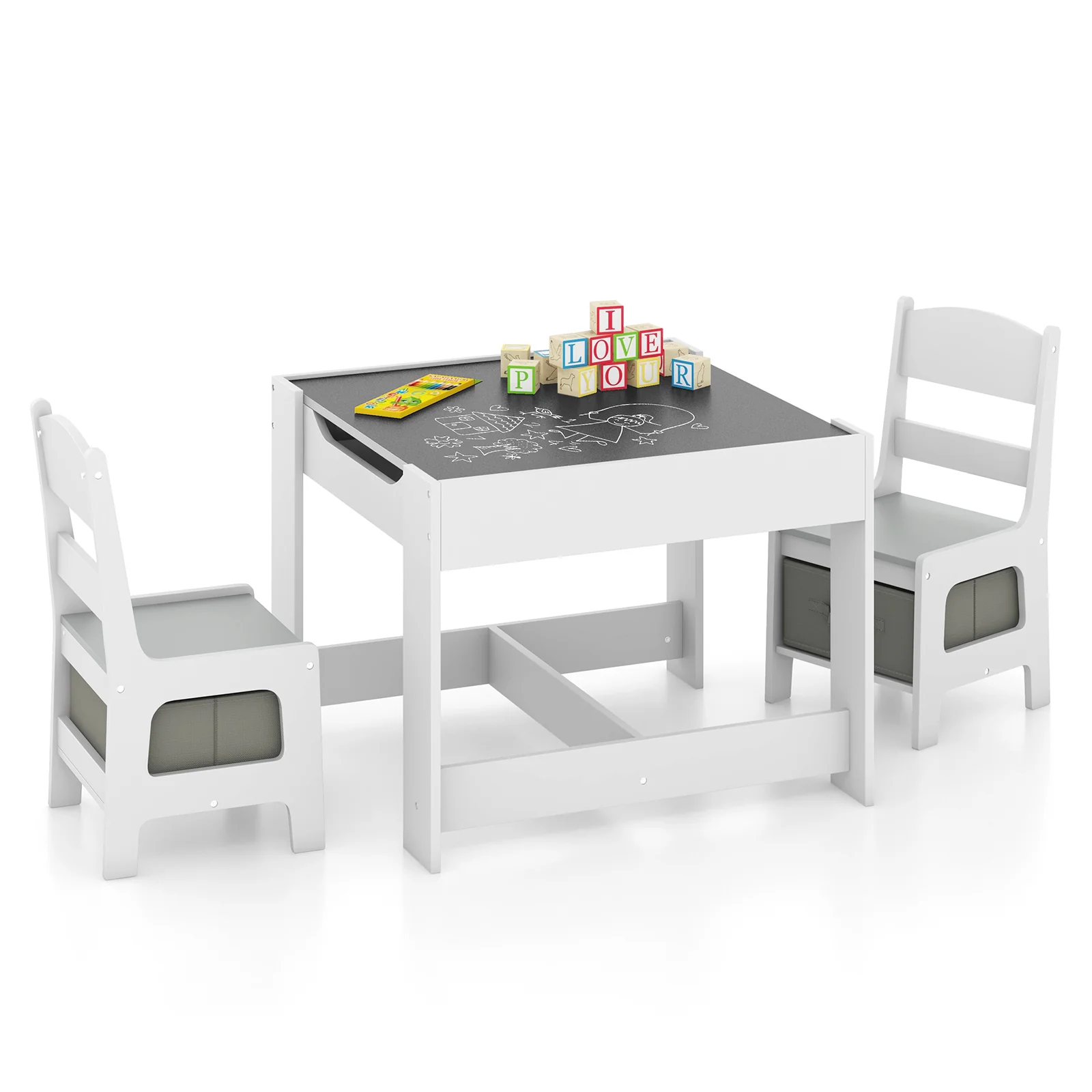 Kids Table Chairs Set With Storage, Blackboard Whiteboard, White - Image 5