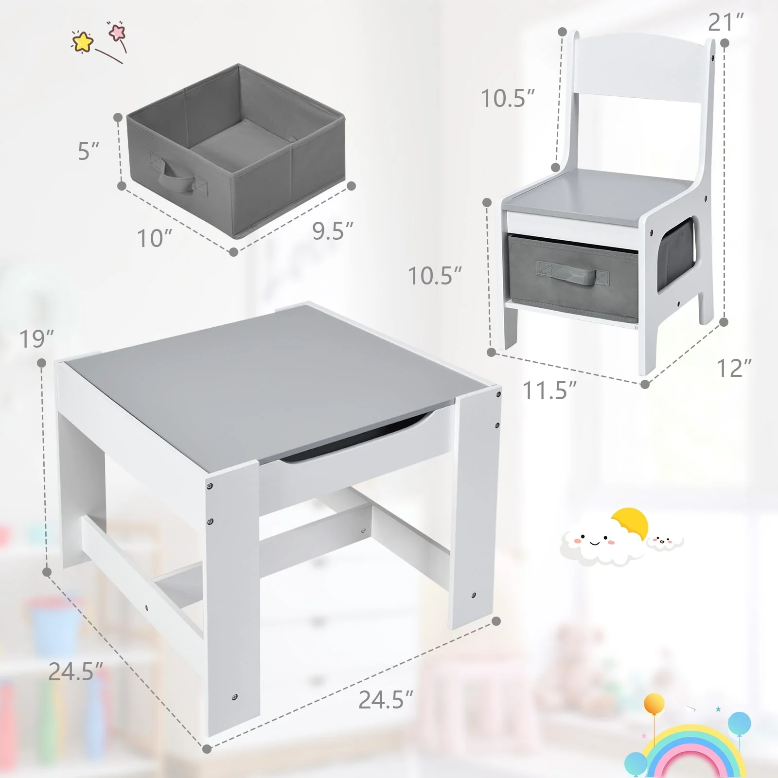 Kids Table Chairs Set With Storage, Blackboard Whiteboard, White - Image 6