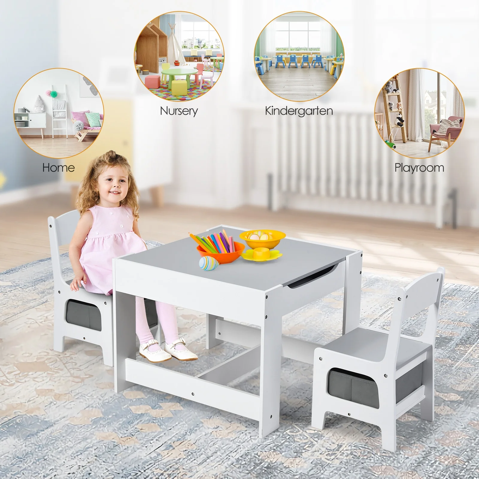 Kids Table Chairs Set With Storage, Blackboard Whiteboard, White - Image 7