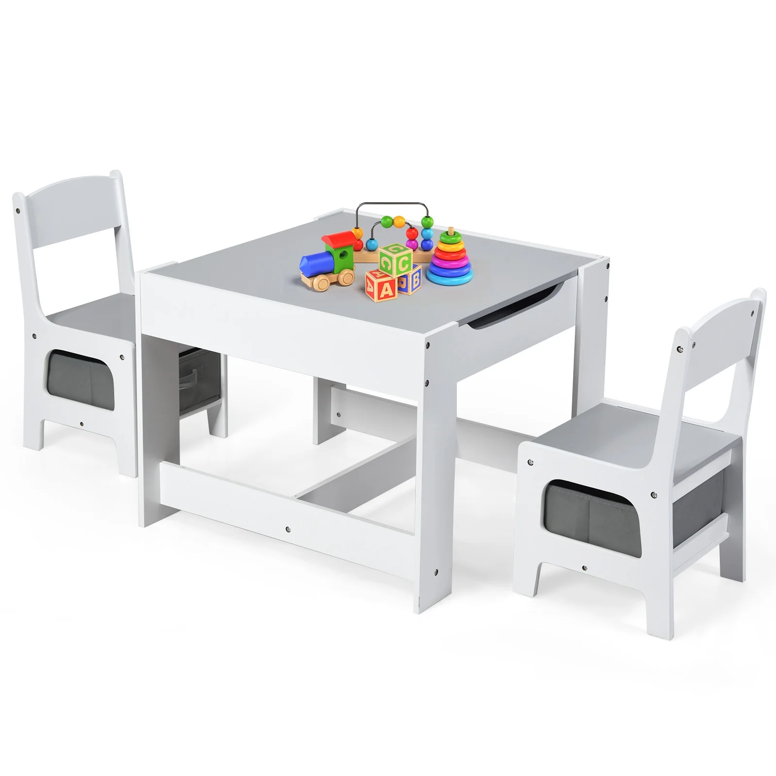 Kids Table Chairs Set With Storage, Blackboard Whiteboard, White - Image 8