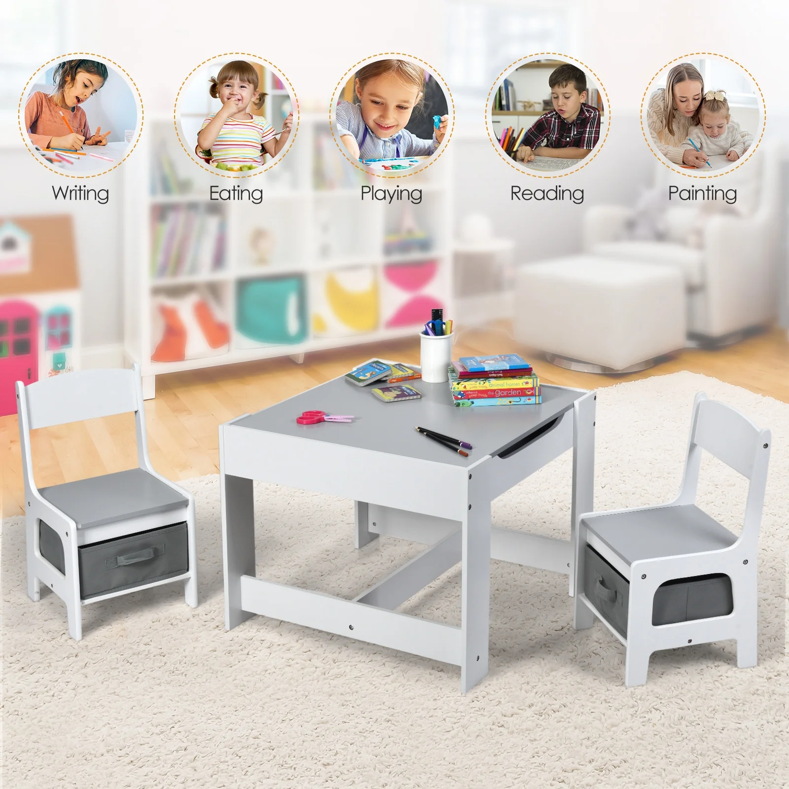 Kids Table Chairs Set With Storage, Blackboard Whiteboard, White - Image 9