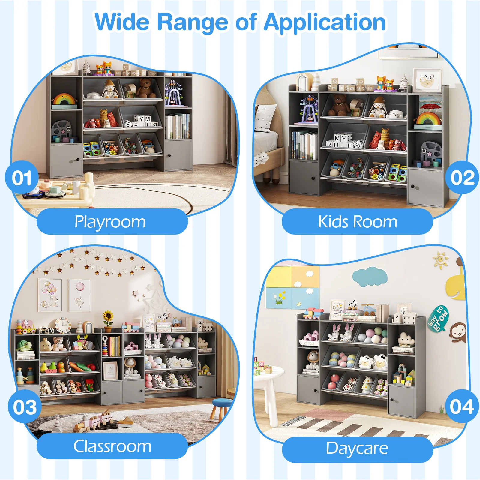 Kids Toy Storage and Bookshelf with Boxes and Open Shelves, Gray - Image 10