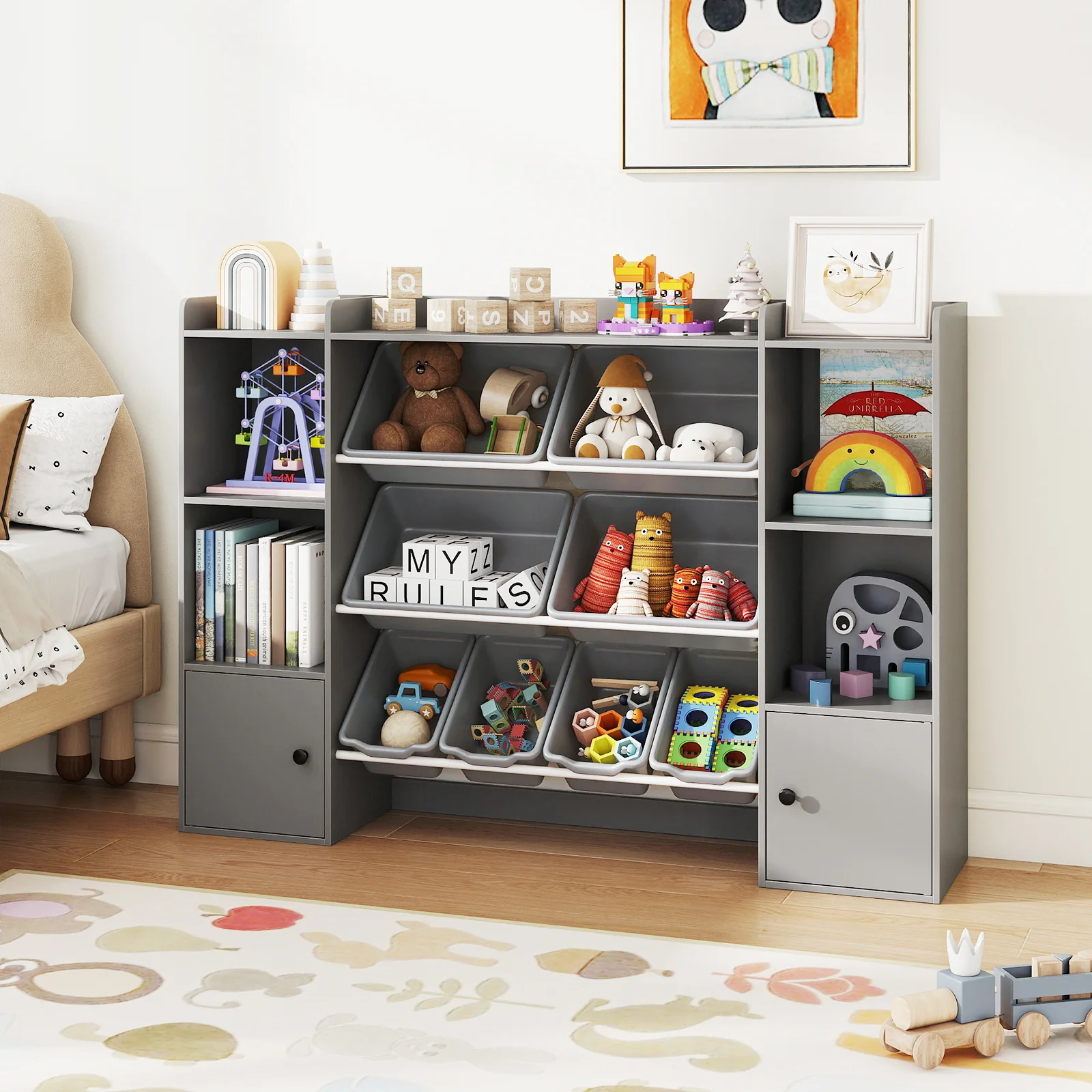 Kids Toy Storage and Bookshelf with Boxes and Open Shelves, Gray - Image 2