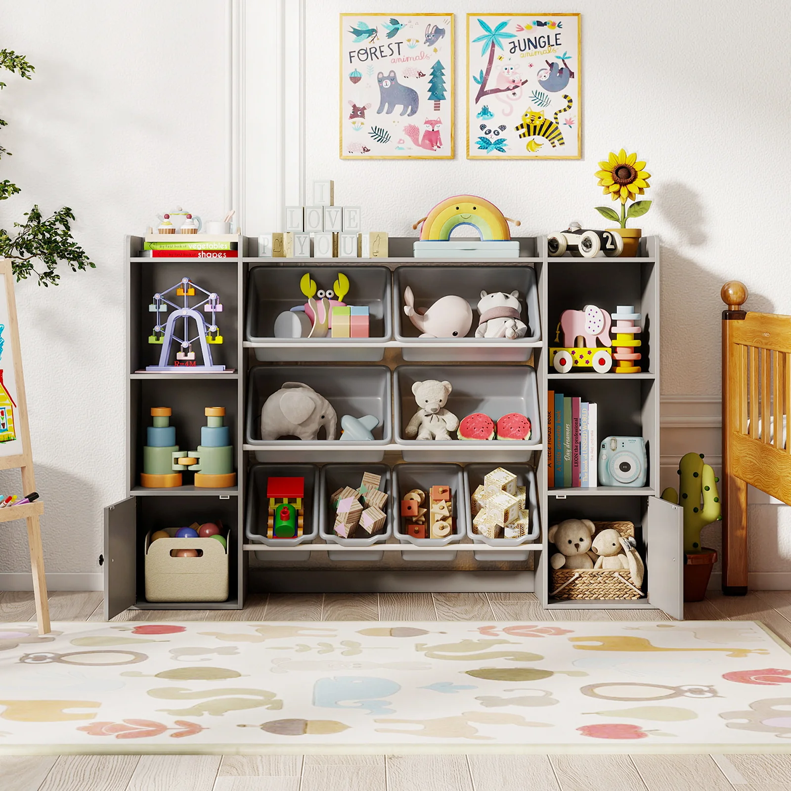 Kids Toy Storage and Bookshelf with Boxes and Open Shelves, Gray - Image 3