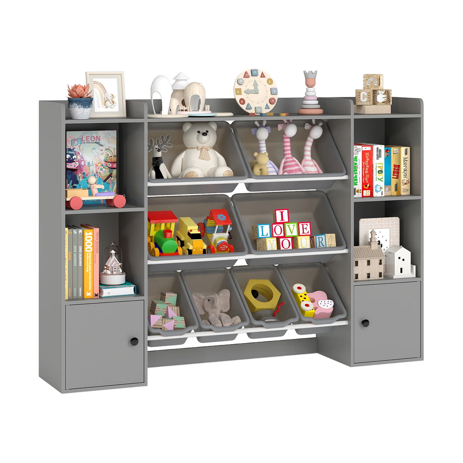 Kids Toy Storage and Bookshelf with Boxes and Open Shelves, Gray - Image 4