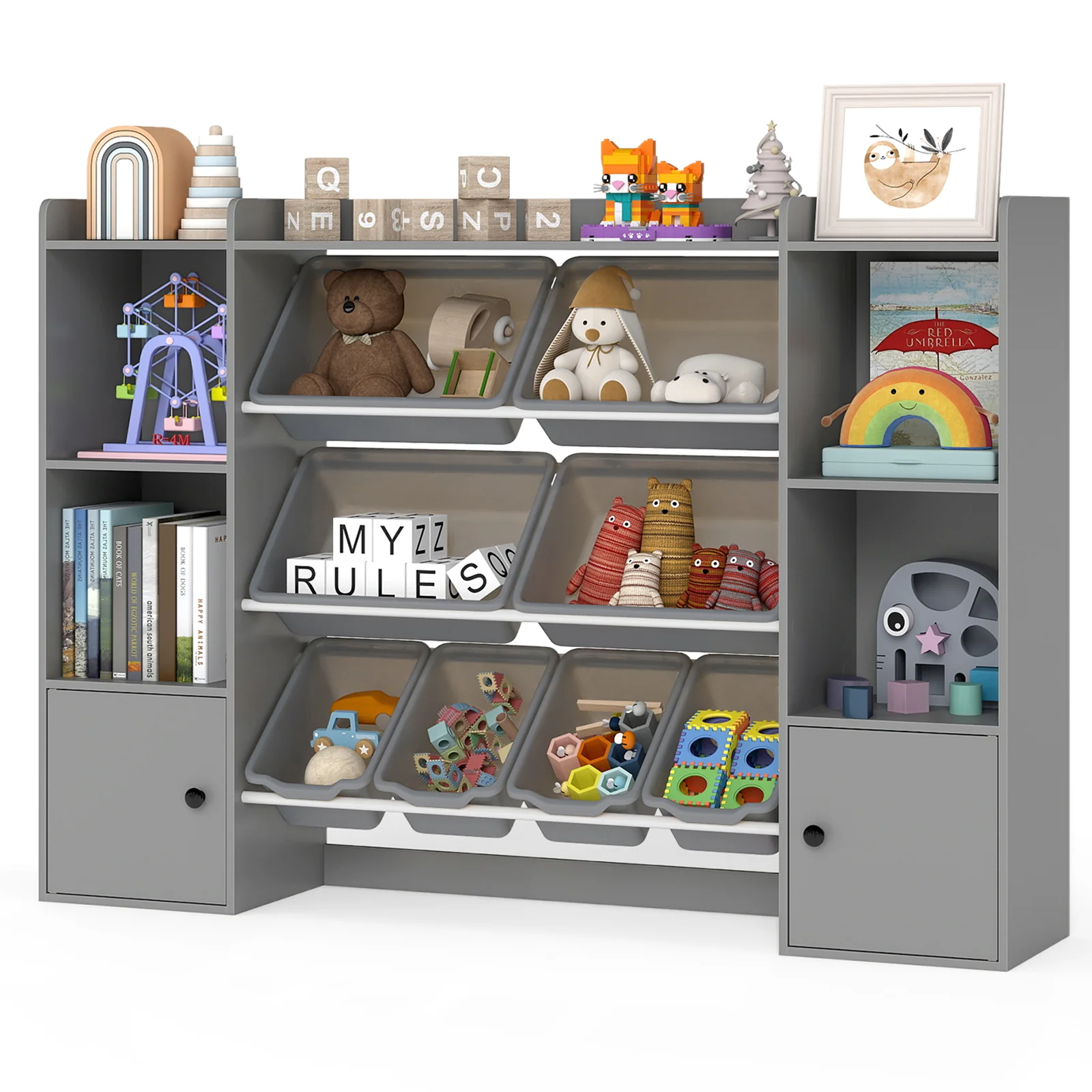 Kids Toy Storage and Bookshelf with Boxes and Open Shelves, Gray - Image 5
