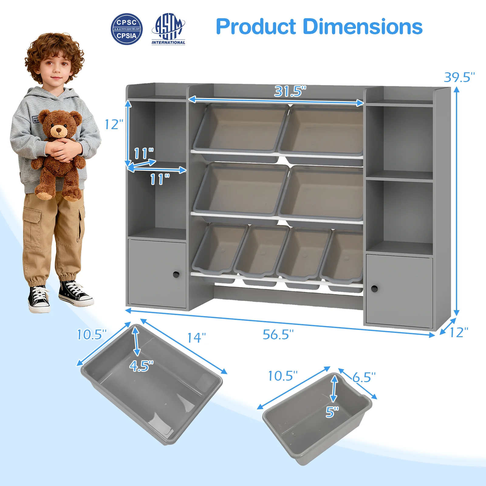 Kids Toy Storage and Bookshelf with Boxes and Open Shelves, Gray - Image 6