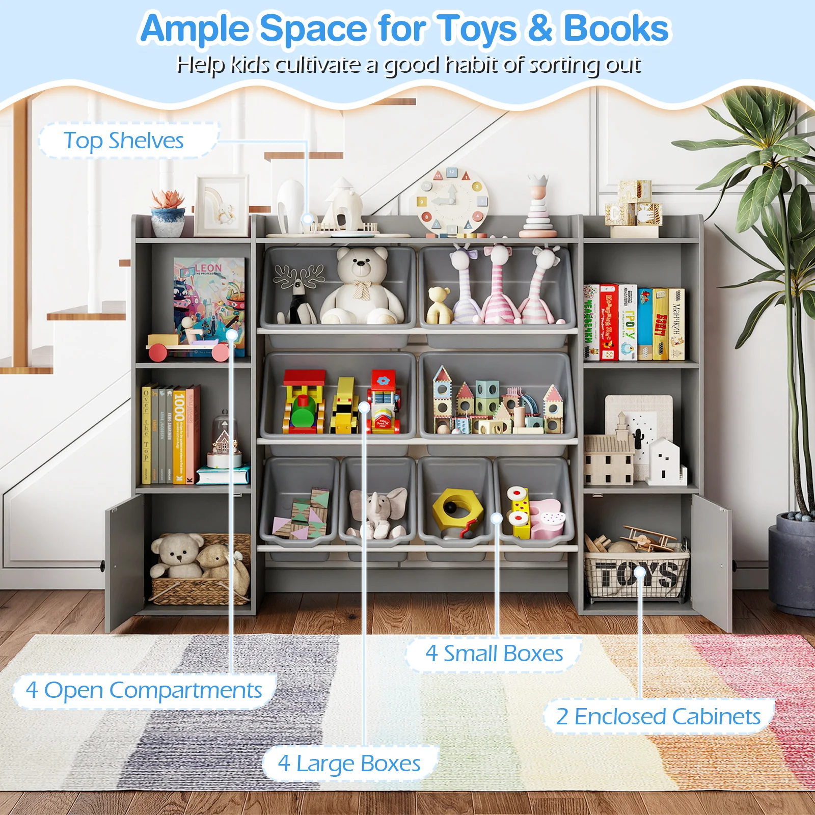 Kids Toy Storage and Bookshelf with Boxes and Open Shelves, Gray - Image 7