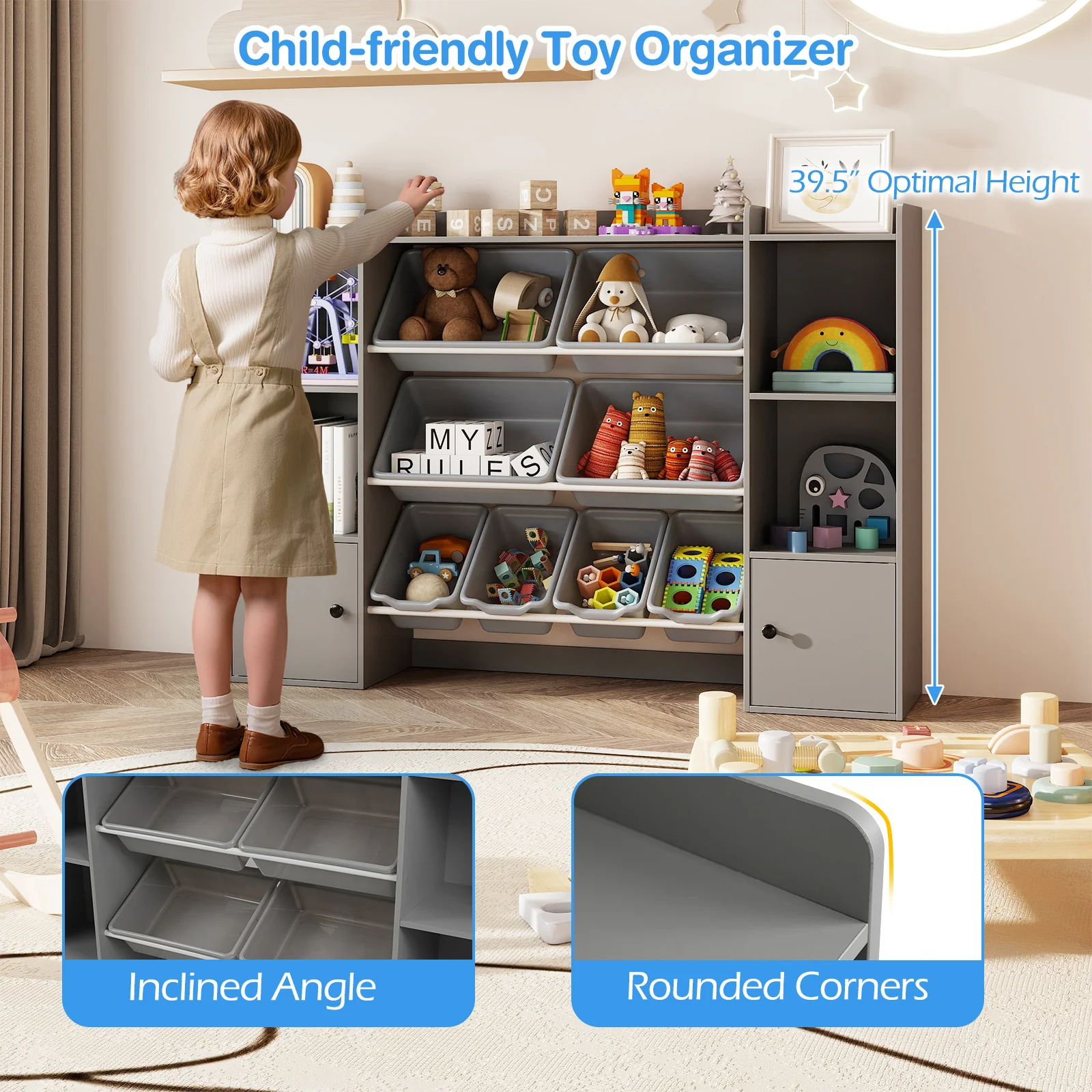 Kids Toy Storage and Bookshelf with Boxes and Open Shelves, Gray - Image 8