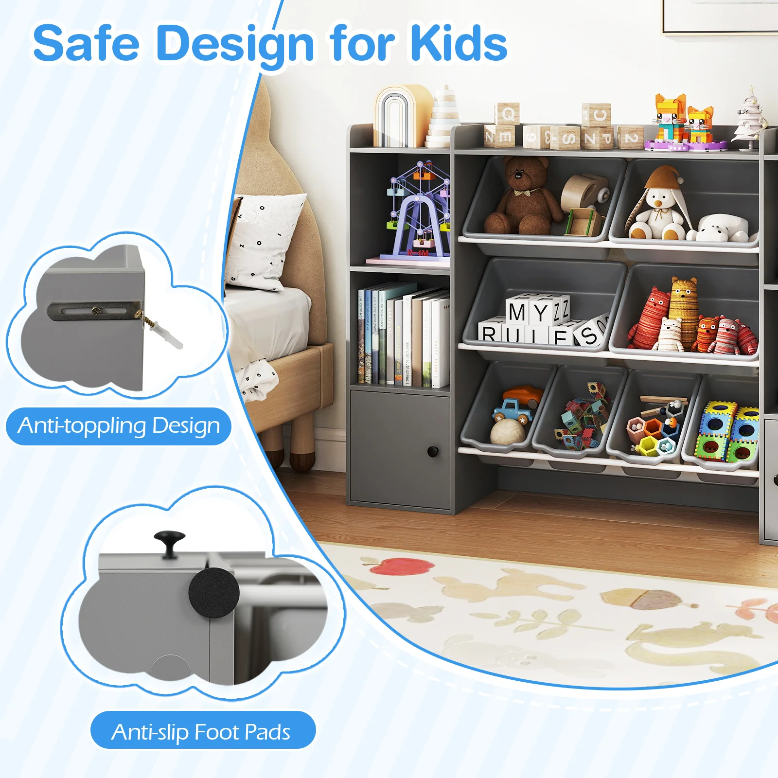 Kids Toy Storage and Bookshelf with Boxes and Open Shelves, Gray - Image 9