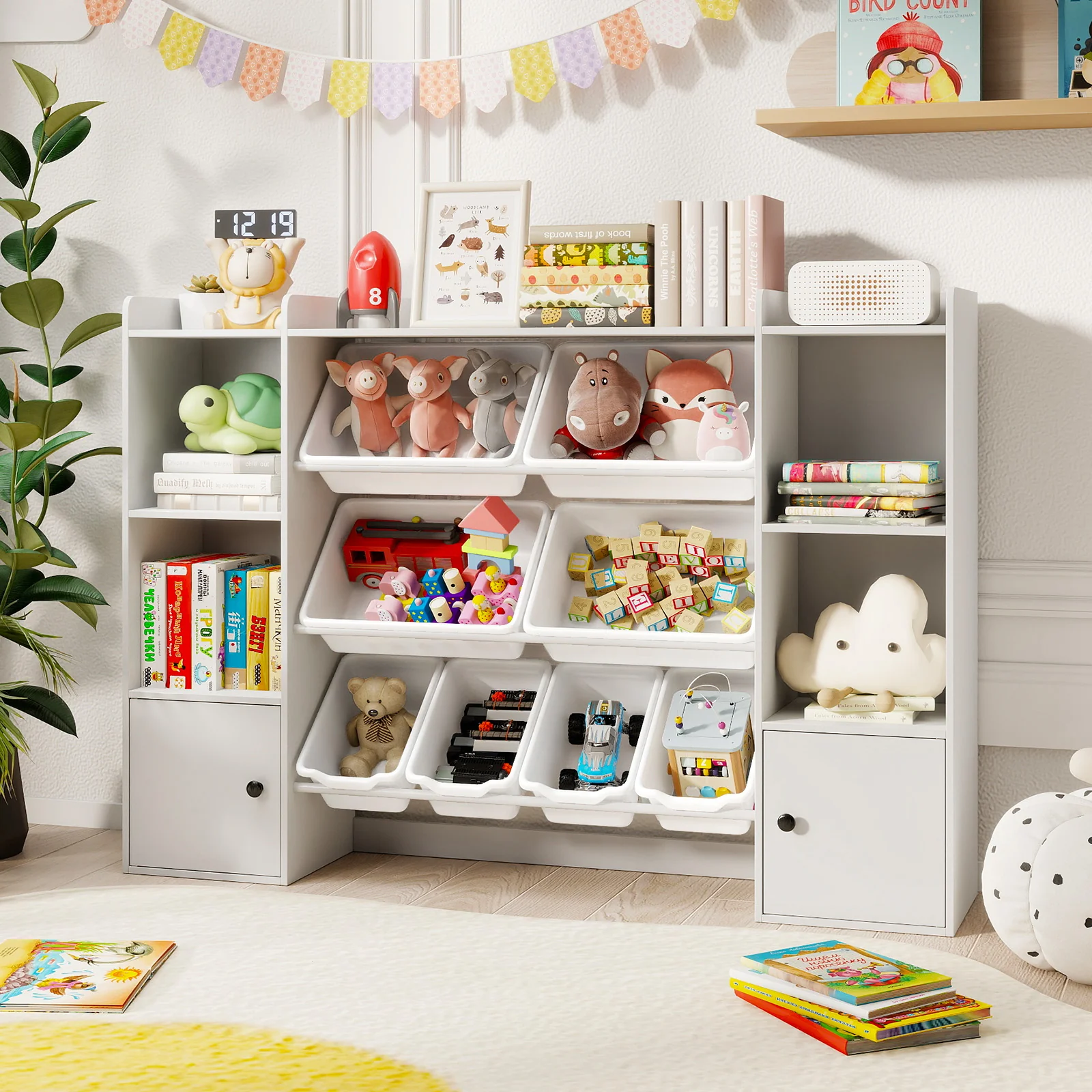 Kids Toy Storage and Bookshelf with Boxes and Open Shelves, White - Image 2