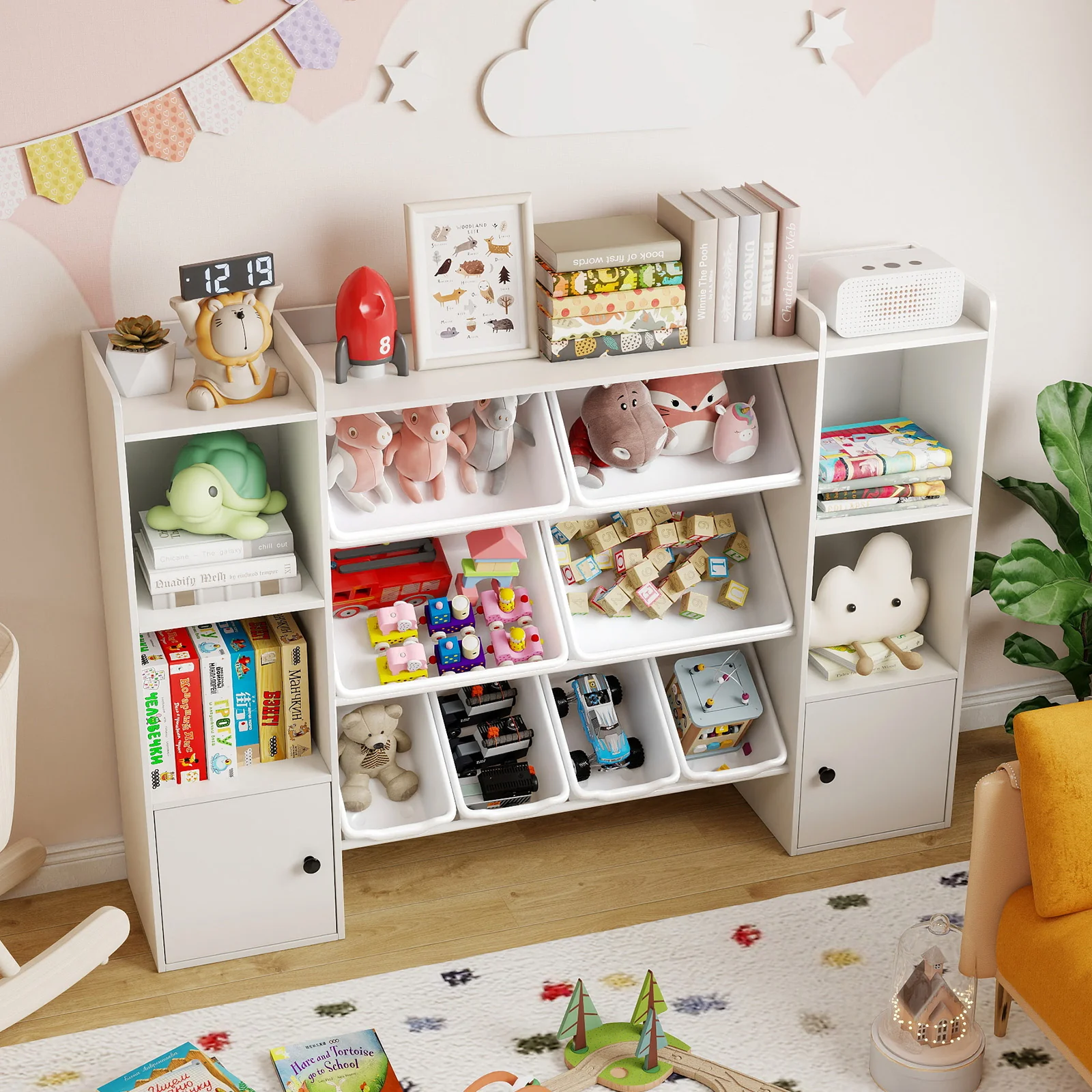 Kids Toy Storage and Bookshelf with Boxes and Open Shelves, White - Image 3