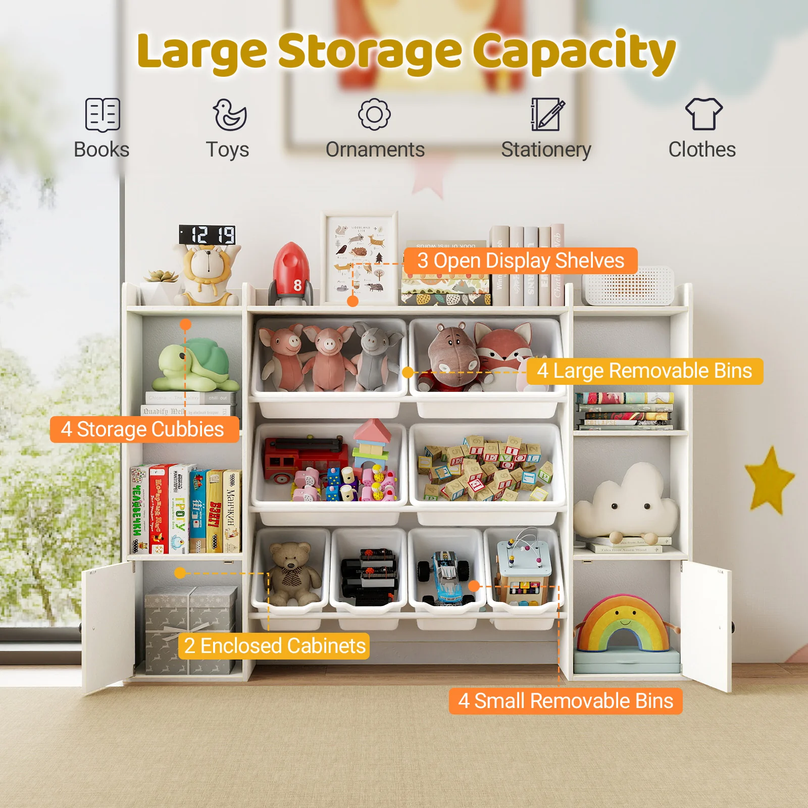 Kids Toy Storage and Bookshelf with Boxes and Open Shelves, White - Image 7