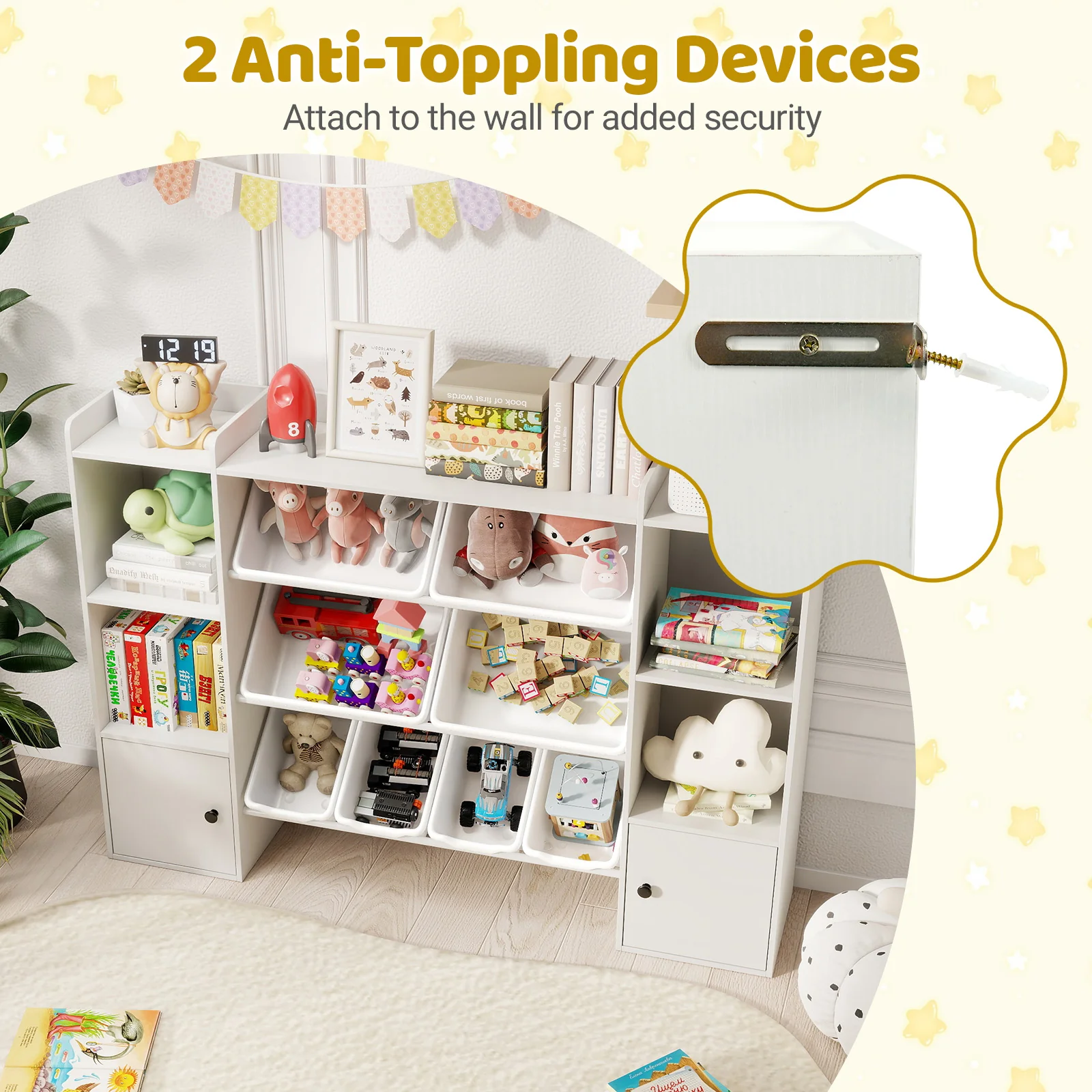 Kids Toy Storage and Bookshelf with Boxes and Open Shelves, White - Image 8