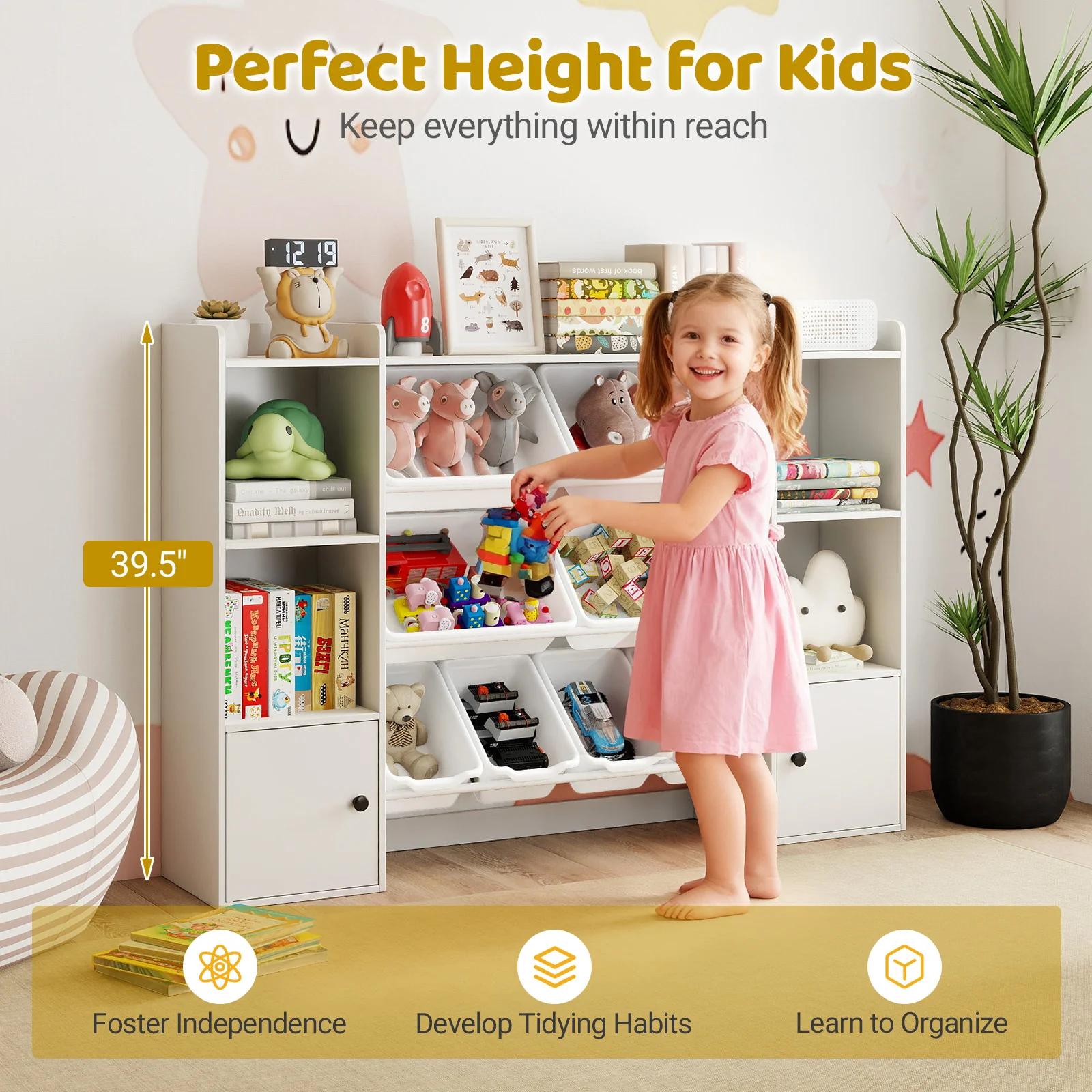 Kids Toy Storage and Bookshelf with Boxes and Open Shelves, White - Image 9