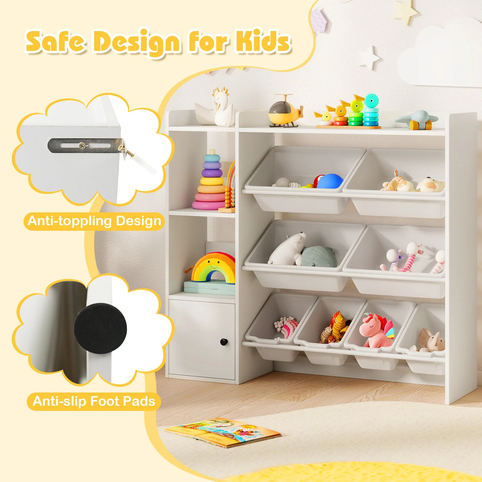 Kids Toy Storage and Bookshelf with Open Shelves and Single-door Cabinet, White - Image 10