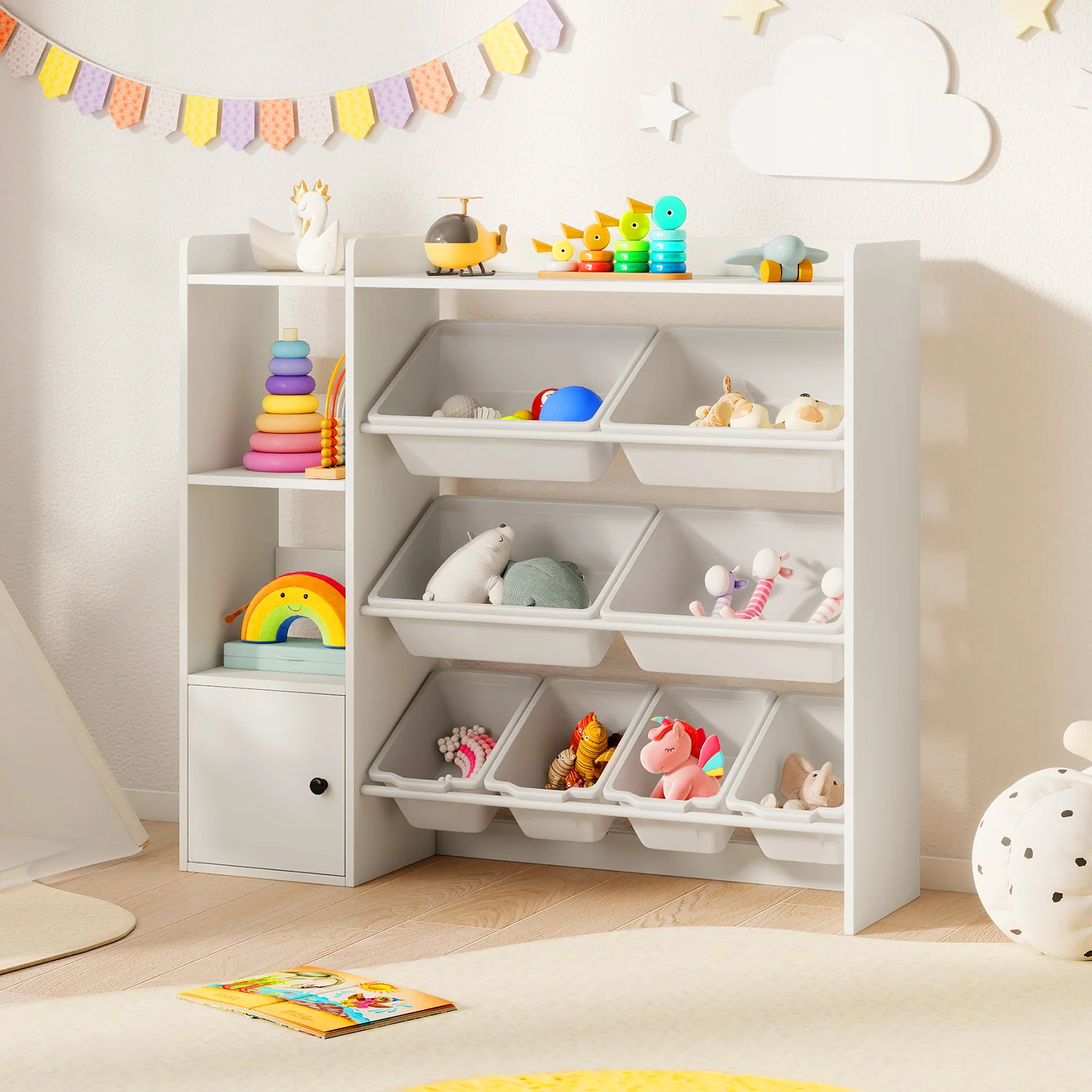 Kids Toy Storage and Bookshelf with Open Shelves and Single-door Cabinet, White - Image 2