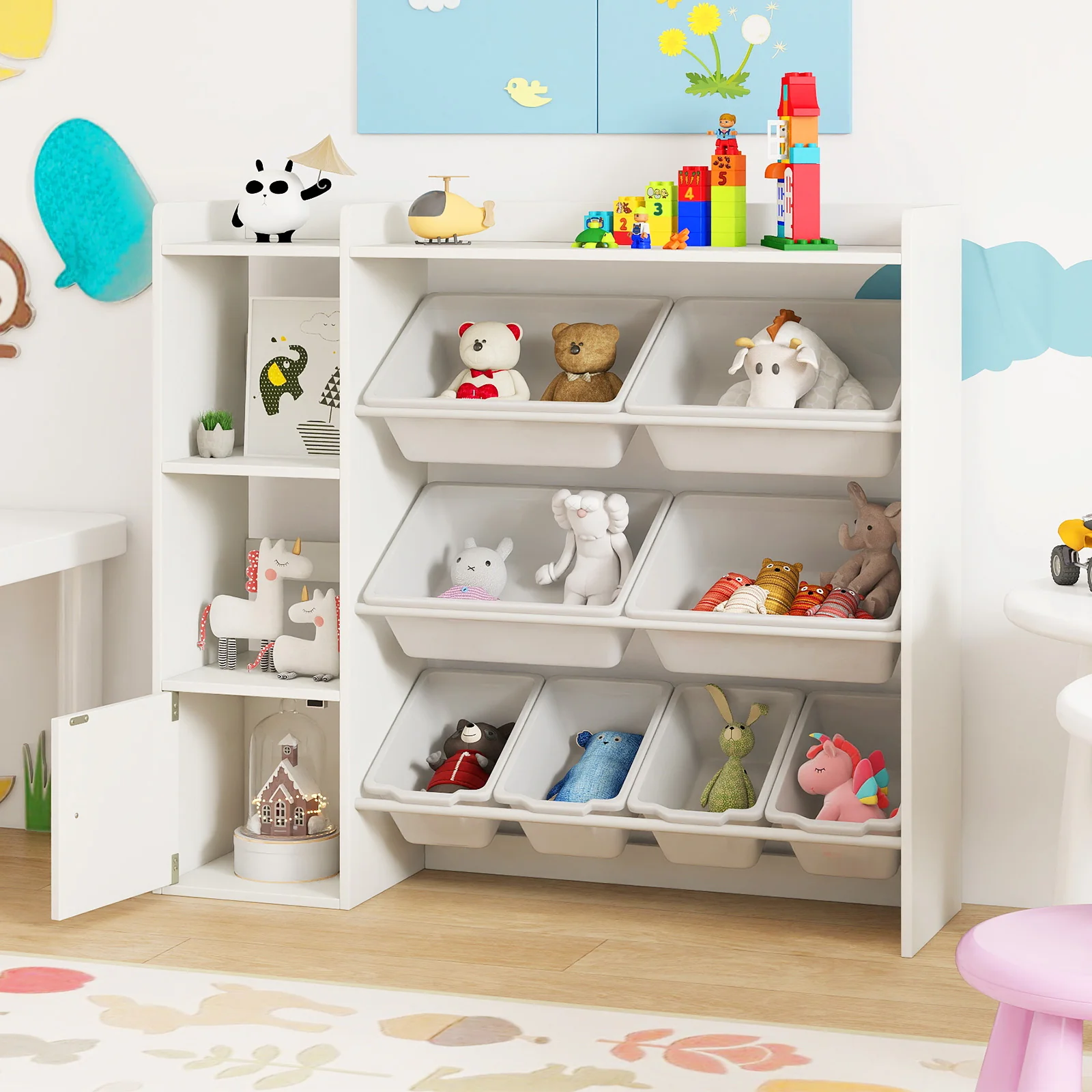 Kids Toy Storage and Bookshelf with Open Shelves and Single-door Cabinet, White - Image 3