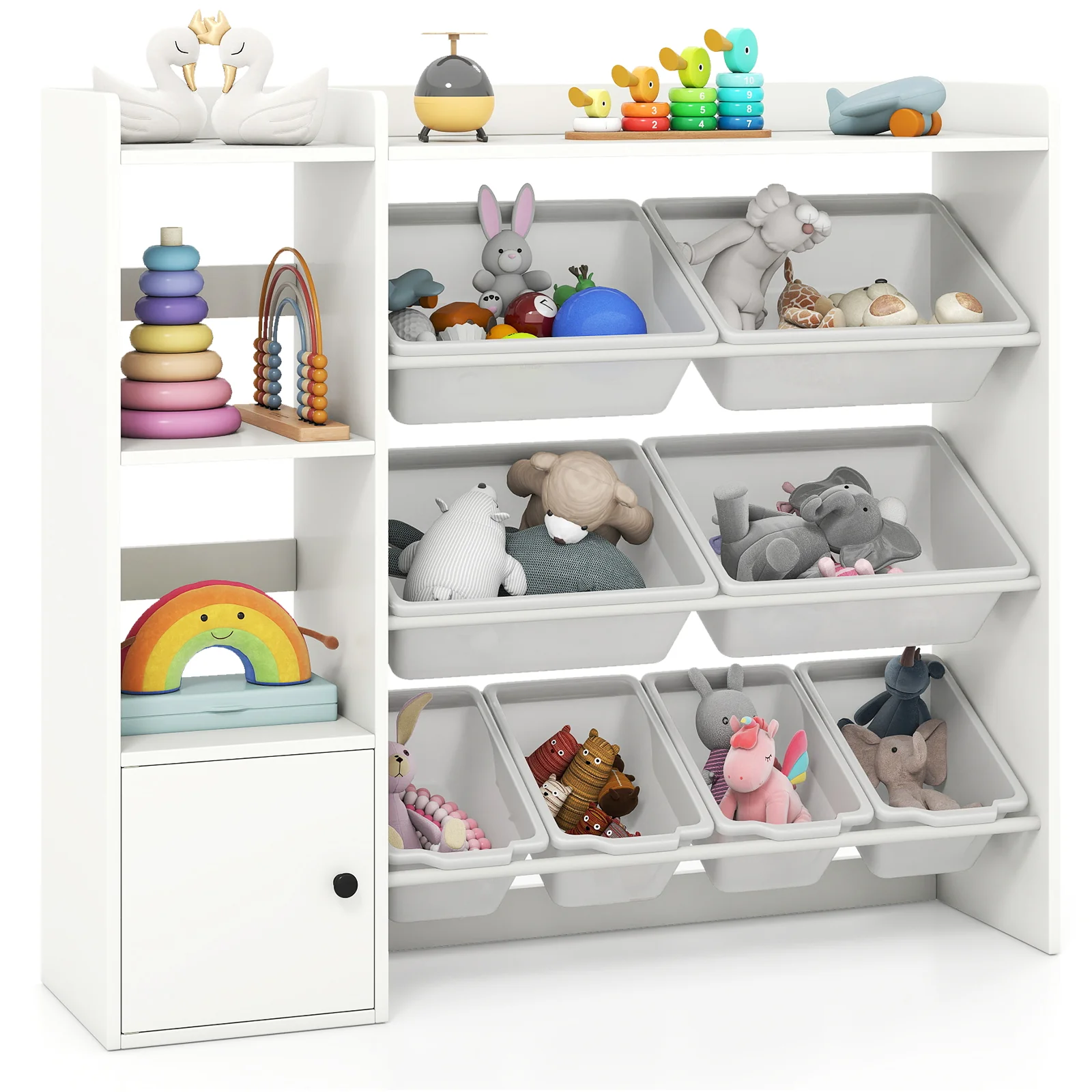 Kids Toy Storage and Bookshelf with Open Shelves and Single-door Cabinet, White - Image 4
