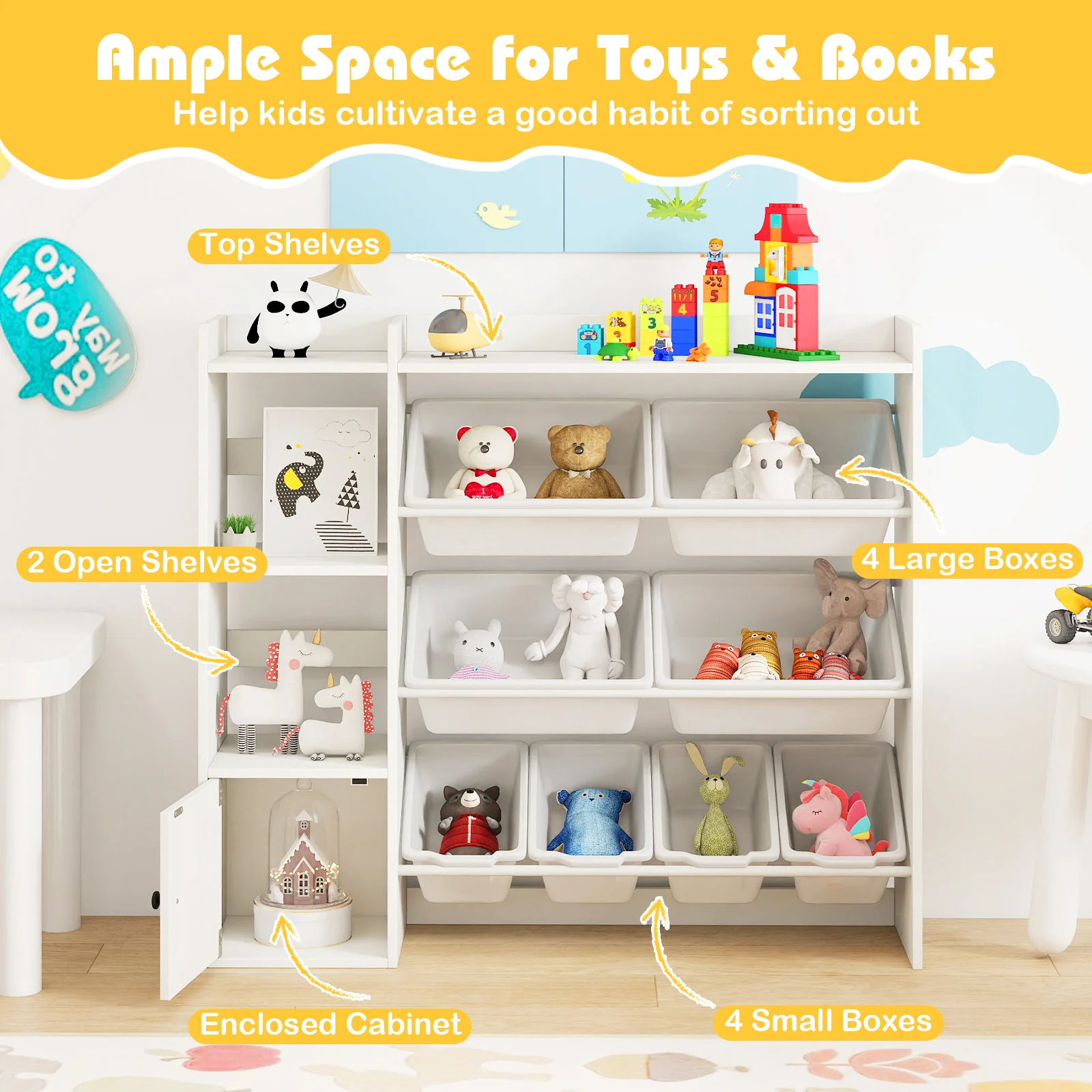 Kids Toy Storage and Bookshelf with Open Shelves and Single-door Cabinet, White - Image 8