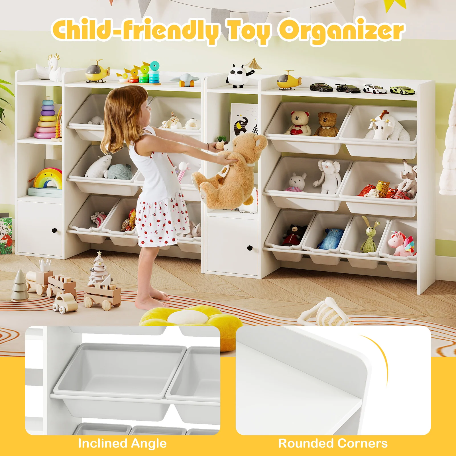 Kids Toy Storage and Bookshelf with Open Shelves and Single-door Cabinet, White - Image 9
