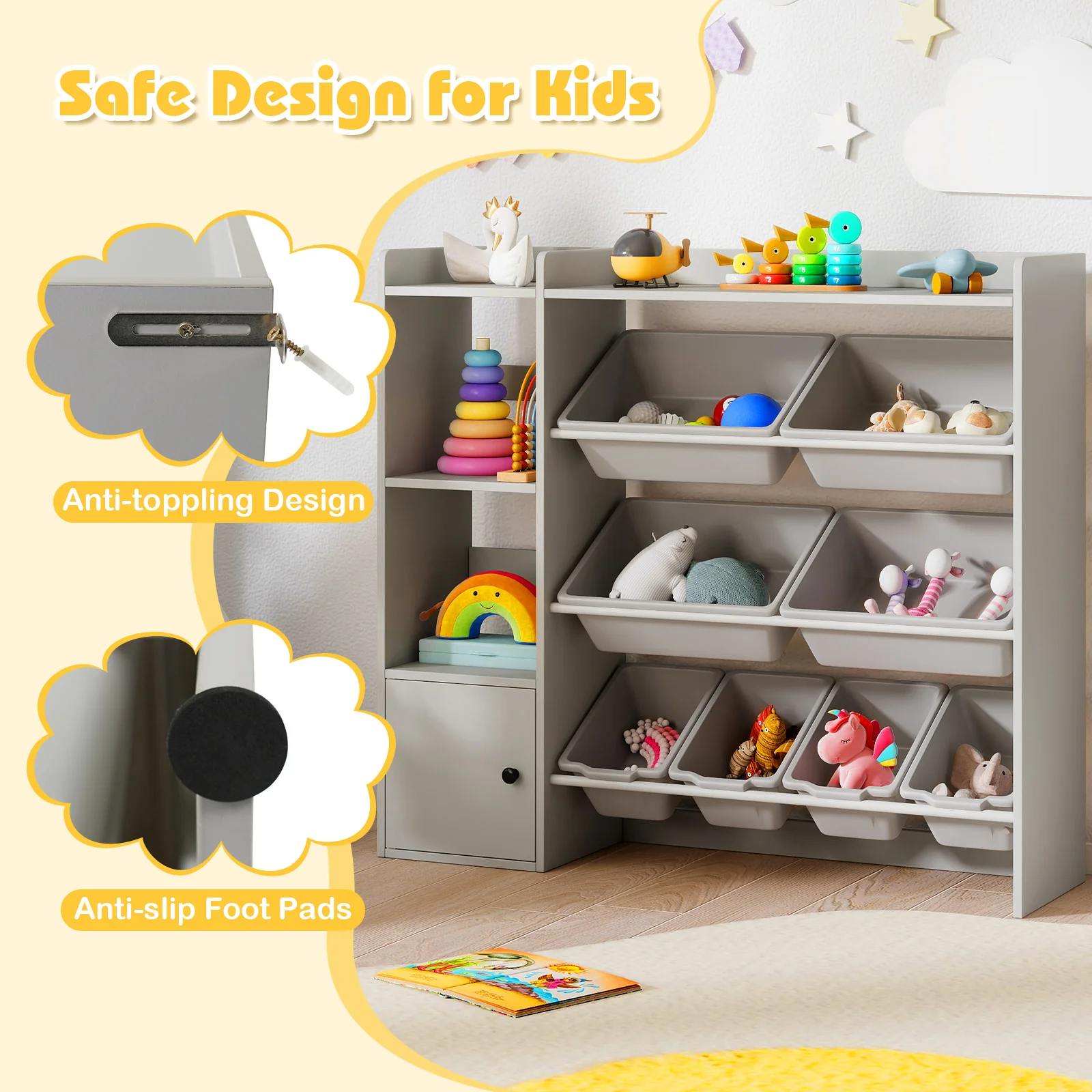 Kids Toy Storage Bookshelf, Open Shelves, Single-Door Cabinet, Gray - Image 10