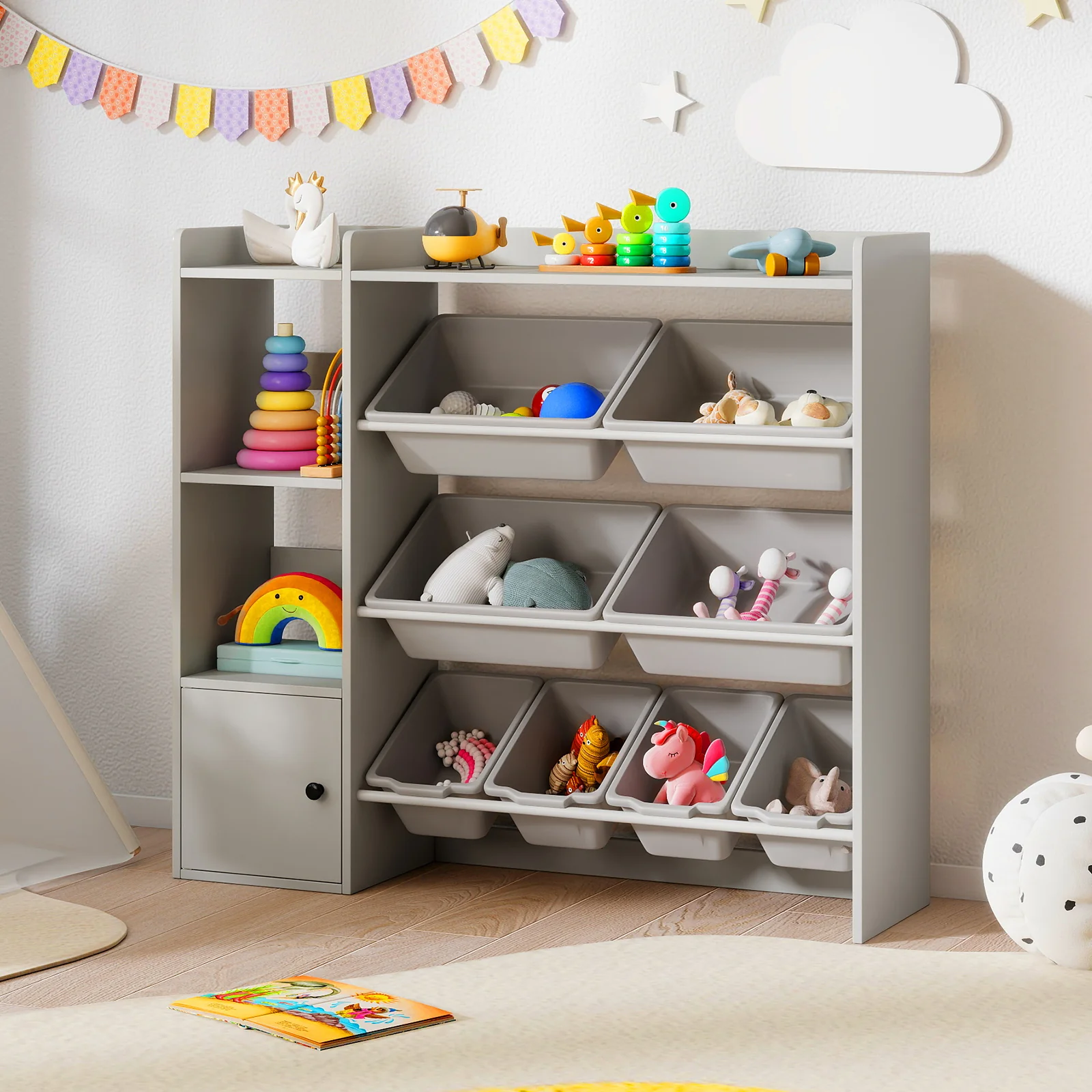 Kids Toy Storage Bookshelf, Open Shelves, Single-Door Cabinet, Gray - Image 2