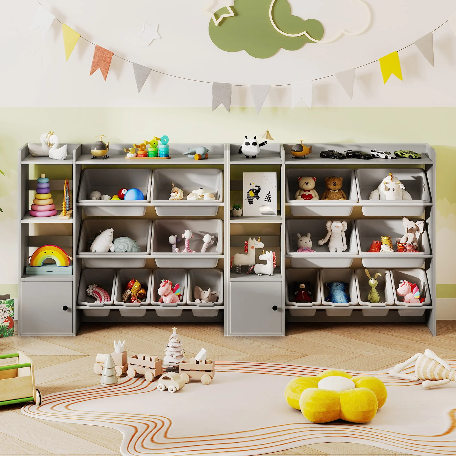 Kids Toy Storage Bookshelf, Open Shelves, Single-Door Cabinet, Gray - Image 3