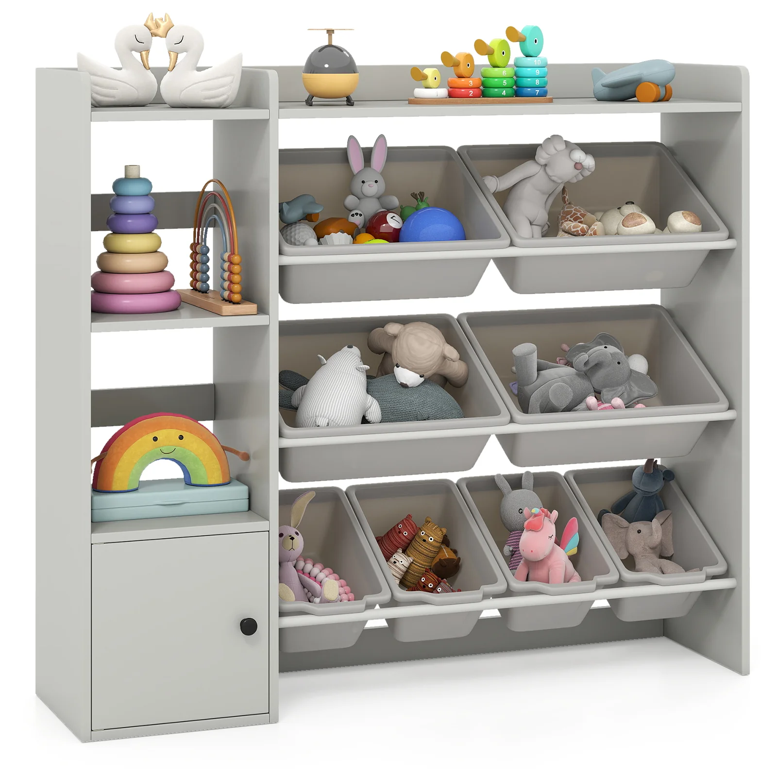 Kids Toy Storage Bookshelf, Open Shelves, Single-Door Cabinet, Gray - Image 4