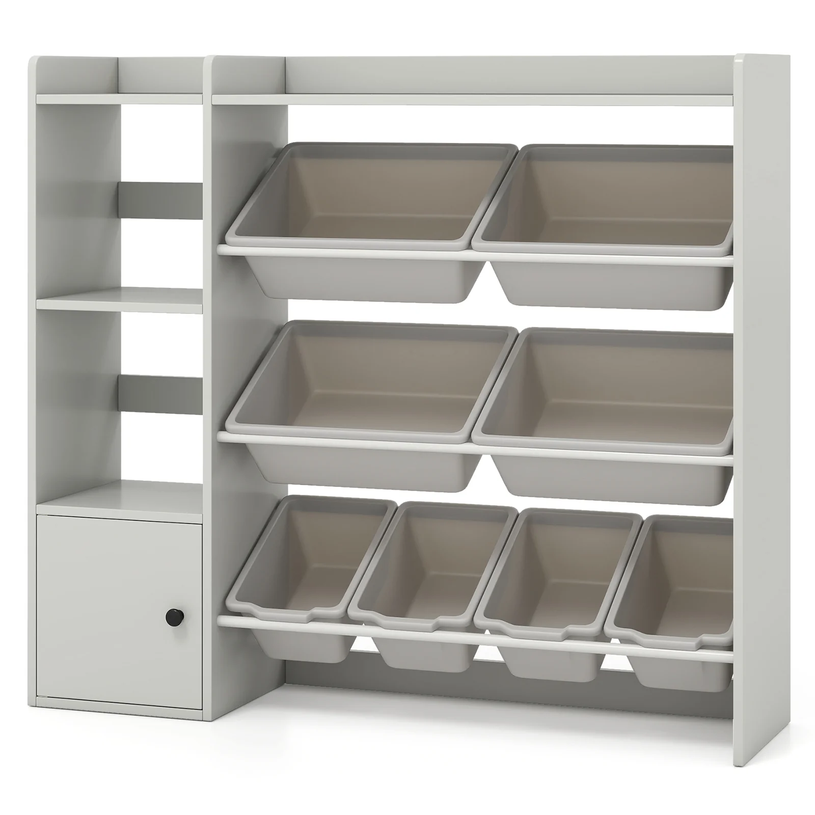 Kids Toy Storage Bookshelf, Open Shelves, Single-Door Cabinet, Gray - Image 5