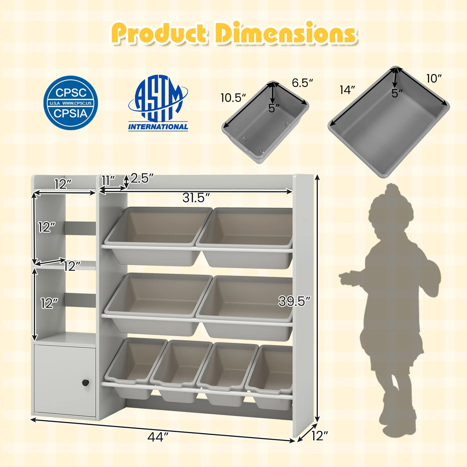 Kids Toy Storage Bookshelf, Open Shelves, Single-Door Cabinet, Gray - Image 6