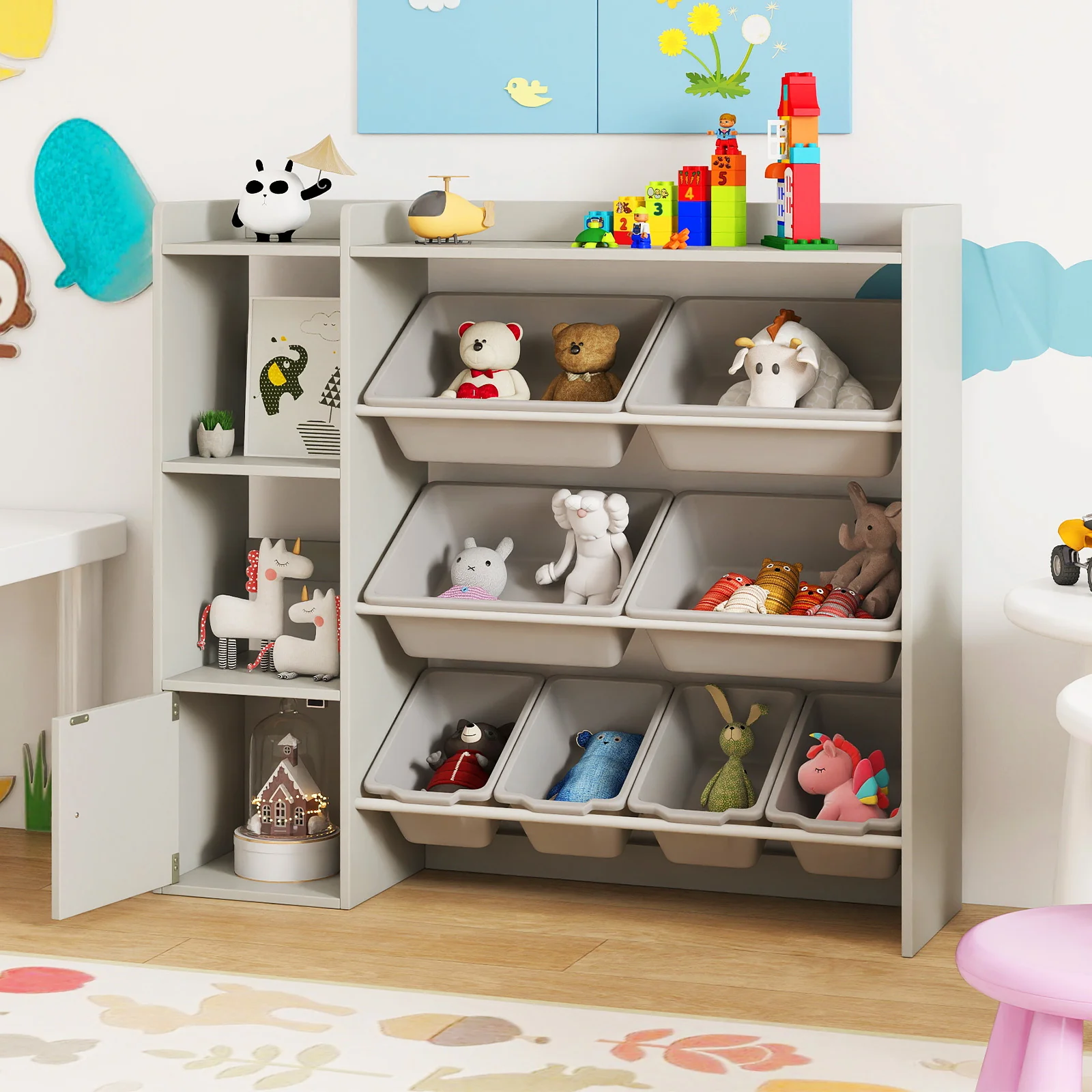 Kids Toy Storage Bookshelf, Open Shelves, Single-Door Cabinet, Gray - Image 7