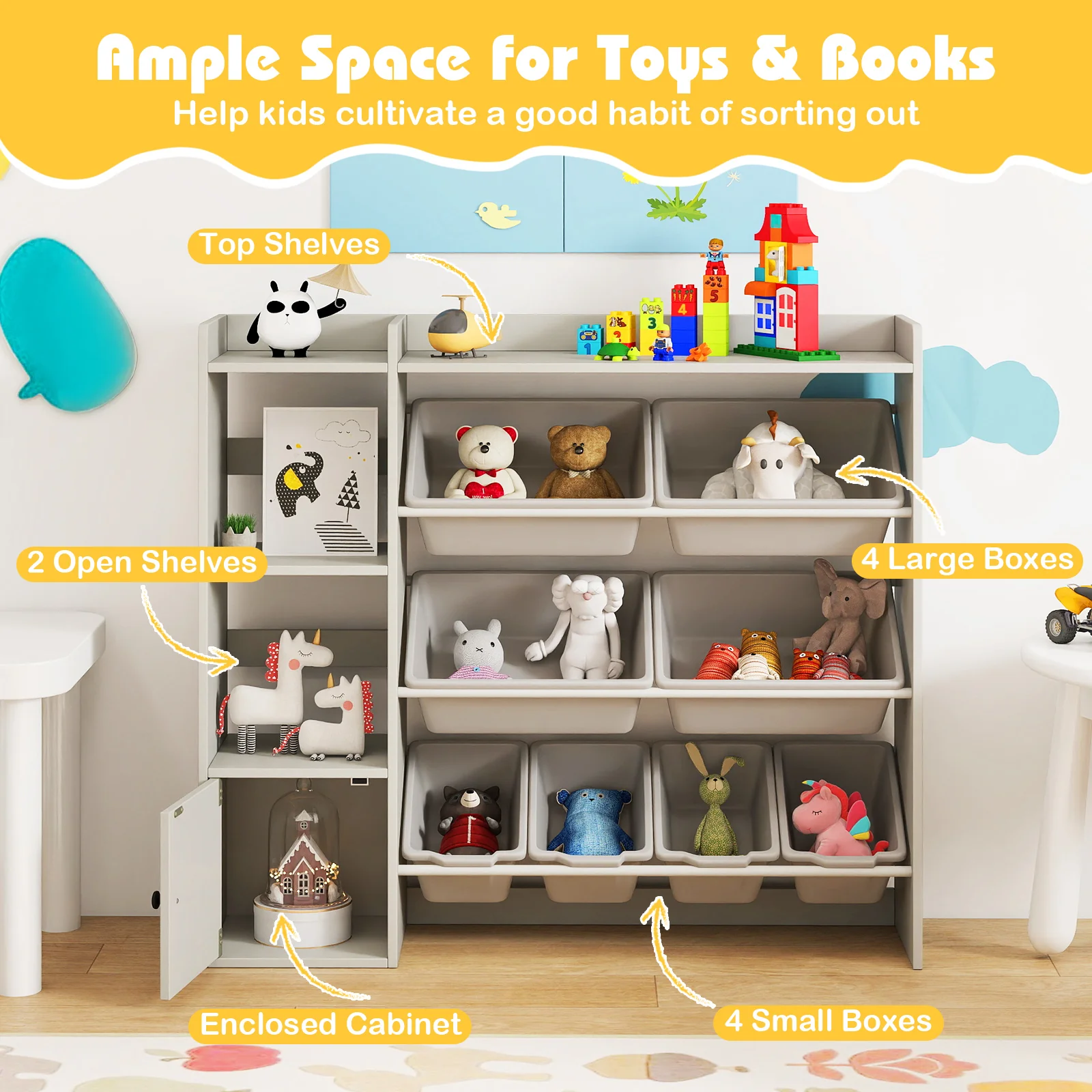 Kids Toy Storage Bookshelf, Open Shelves, Single-Door Cabinet, Gray - Image 8