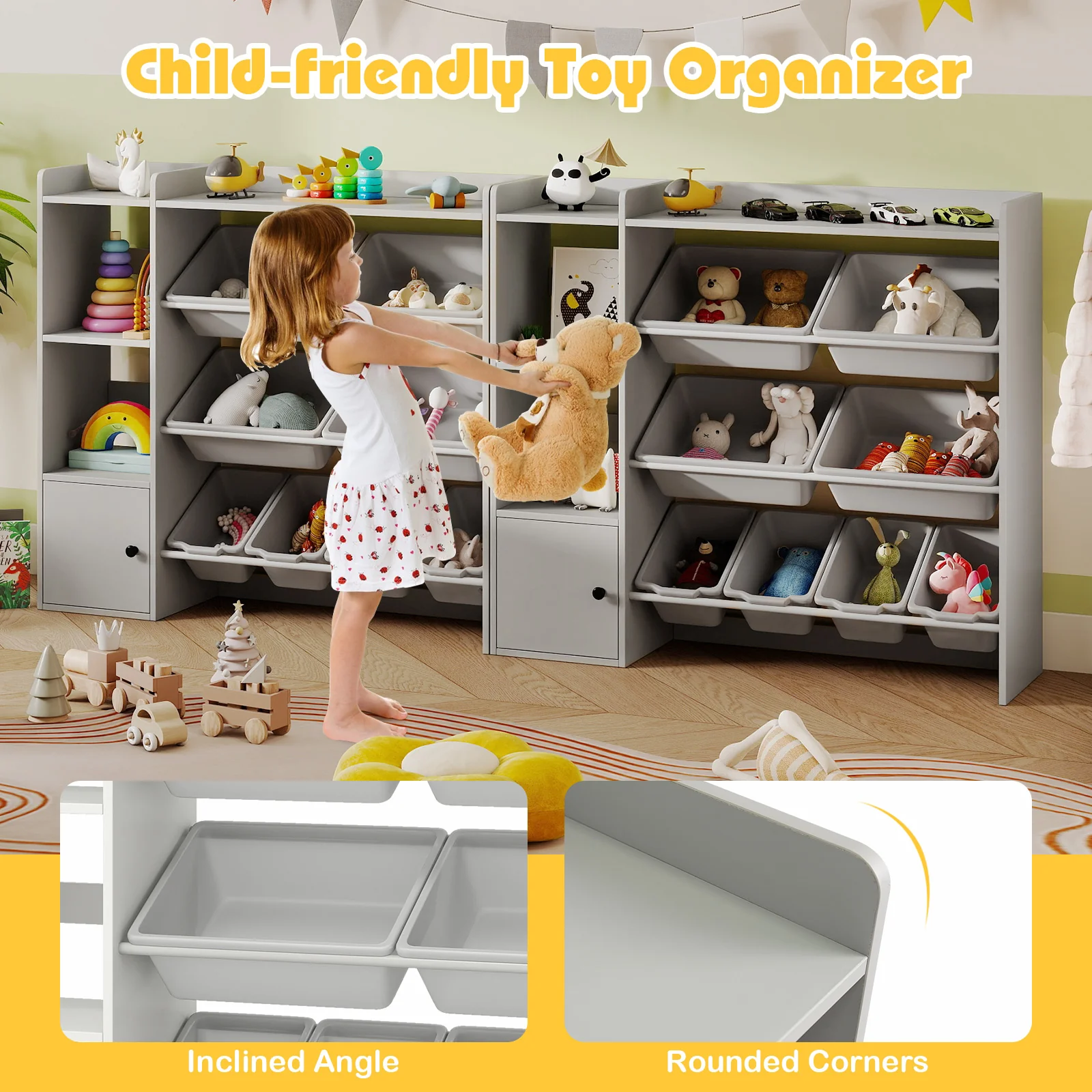 Kids Toy Storage Bookshelf, Open Shelves, Single-Door Cabinet, Gray - Image 9