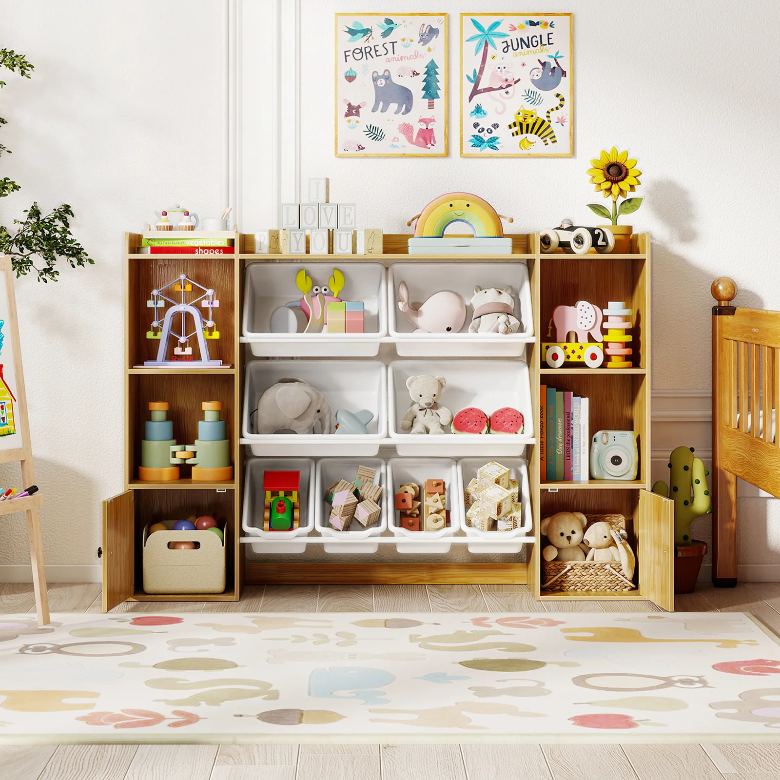 Kids Toy Storage Bookshelf With Boxes, Open Shelves, Beige - Image 3