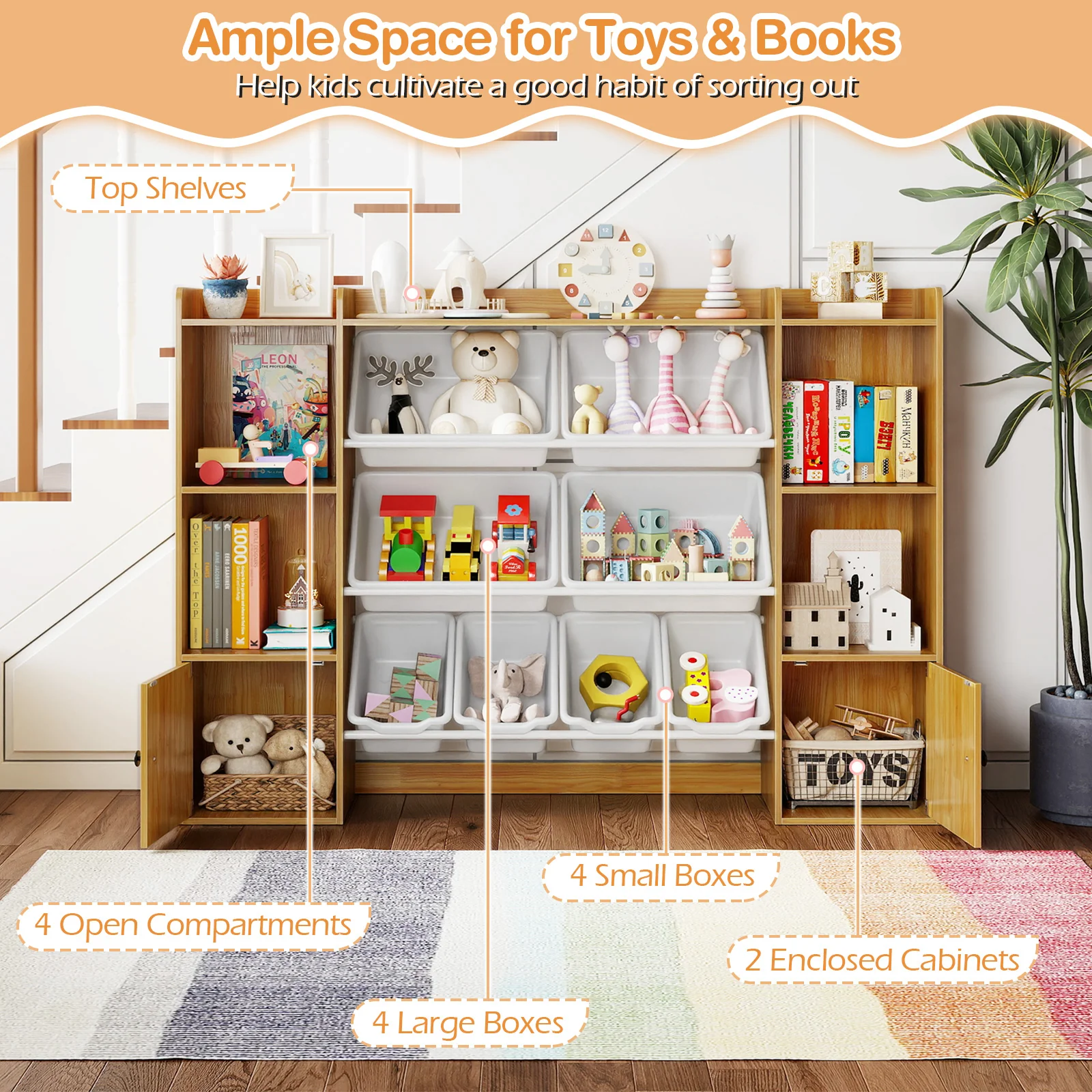 Kids Toy Storage Bookshelf With Boxes, Open Shelves, Beige - Image 7