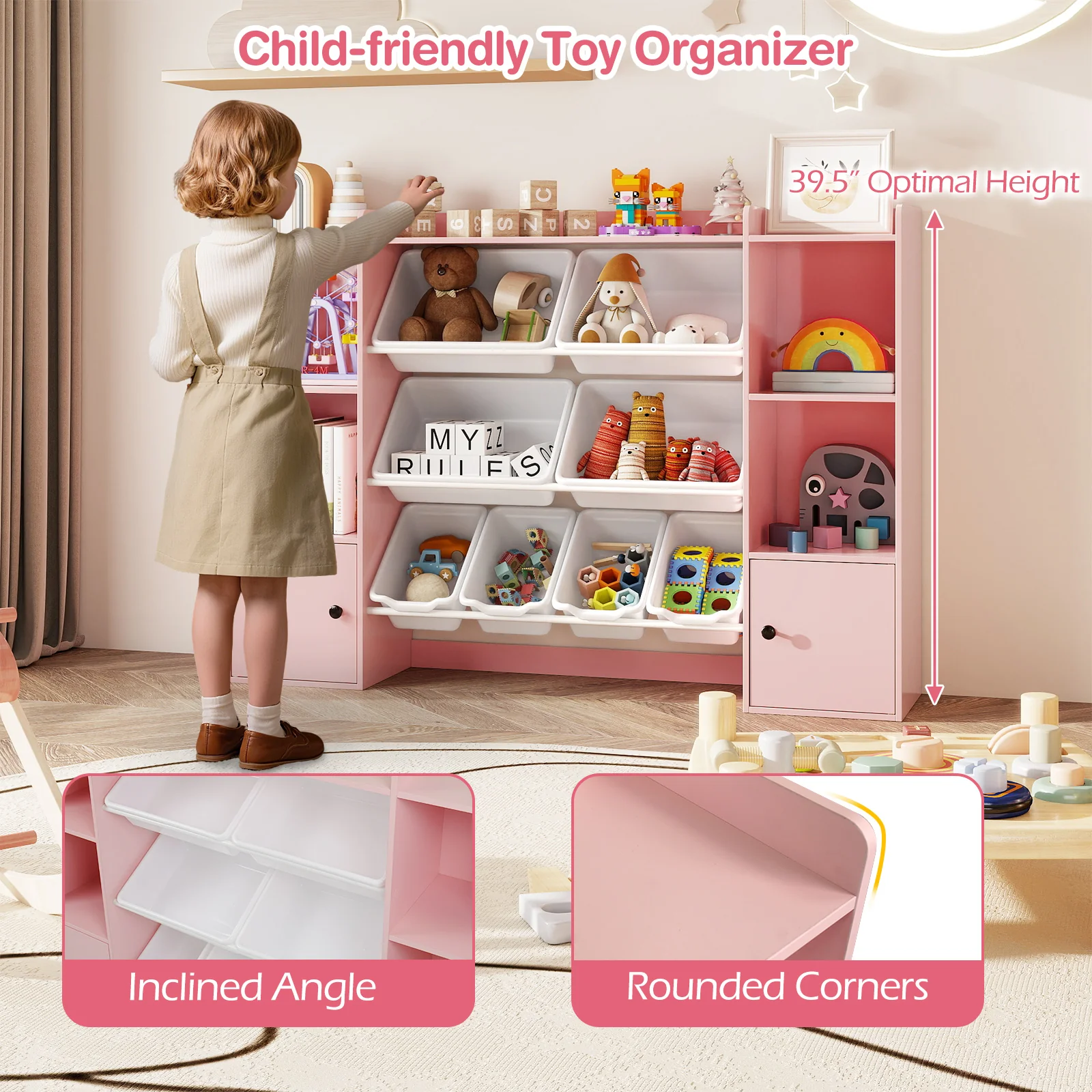Kids Toy Storage Bookshelf With Boxes, Pink - Image 8